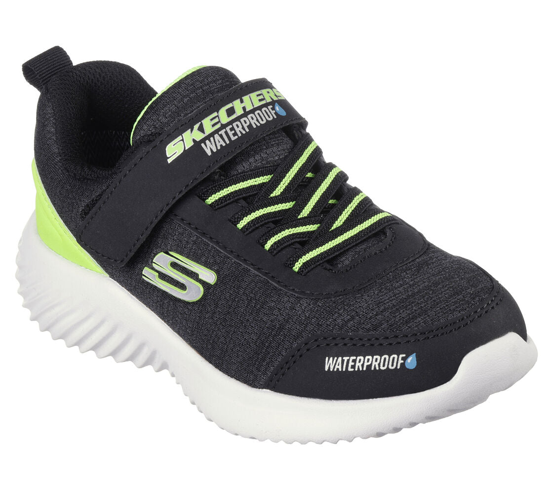 A boys casual waterproof trainer by Skechers, style 403739L Bounder Dripper Drop, in black and lime with elastic laces with velcro fastening. Right side angled view.