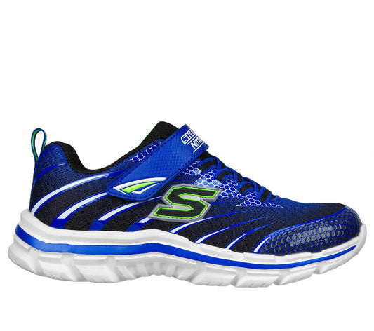 A boys trainer by Skechers, style Nitrate Zulvox, in Royal Blue and Black with stretch lace and velcro fastening. Right side view.