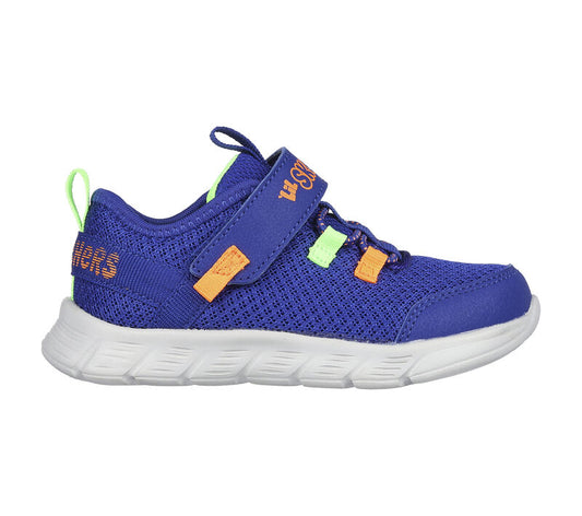 A unisex trainer by Skechers, style Comfy Flex Ruzo, in Blue with Lime and Orange trim and stretch lace and velcro fastening. Right side view.