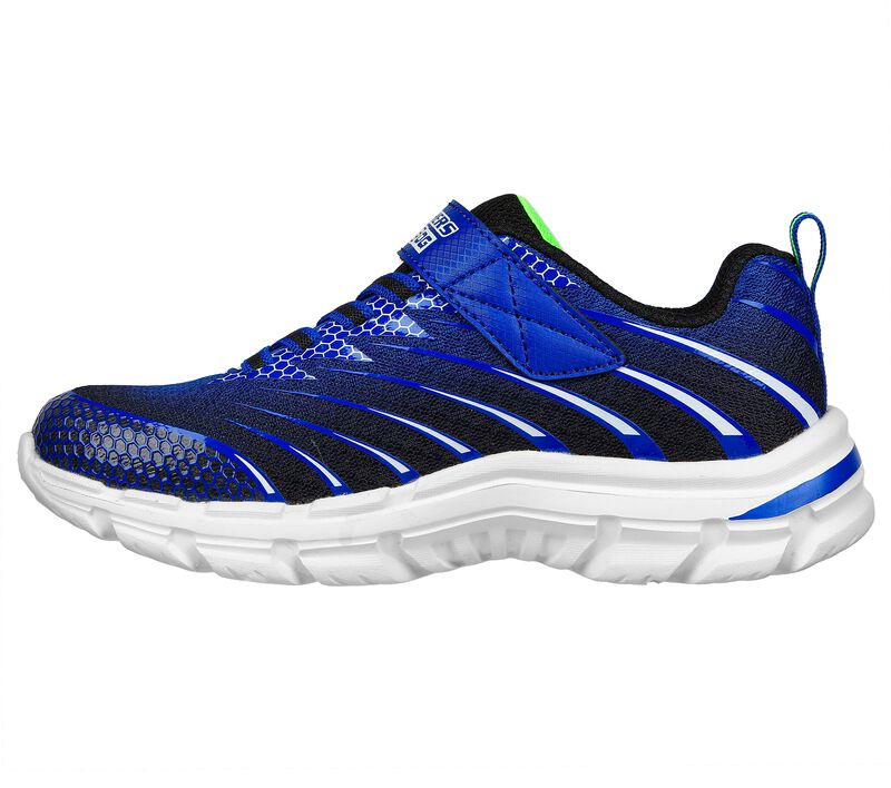 A boys trainer by Skechers, style Nitrate Zulvox, in Royal Blue and Black with stretch lace and velcro fastening. Left side view.
