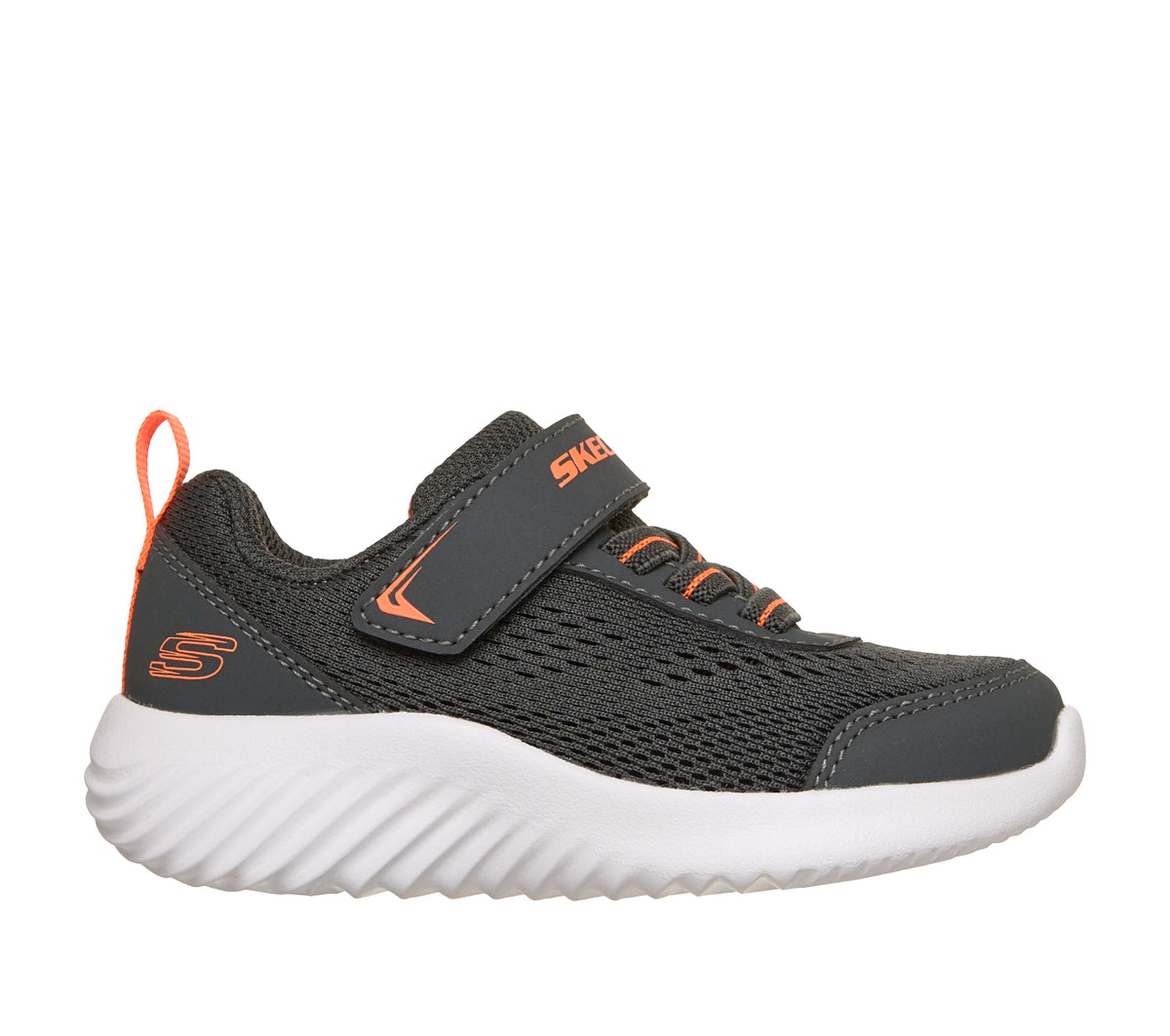 Skechers Bounder Quantarun trainer in grey and orange with a Velcro strap and white sole. Right side view 
