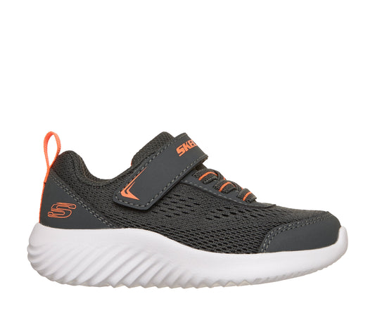 Skechers Bounder Quantarun trainer in grey and orange with a Velcro strap and white sole. Right side view 