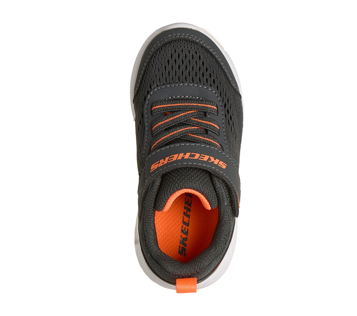 Skechers Bounder Quantarun trainer in grey and orange with a Velcro strap and white sole. Top view 