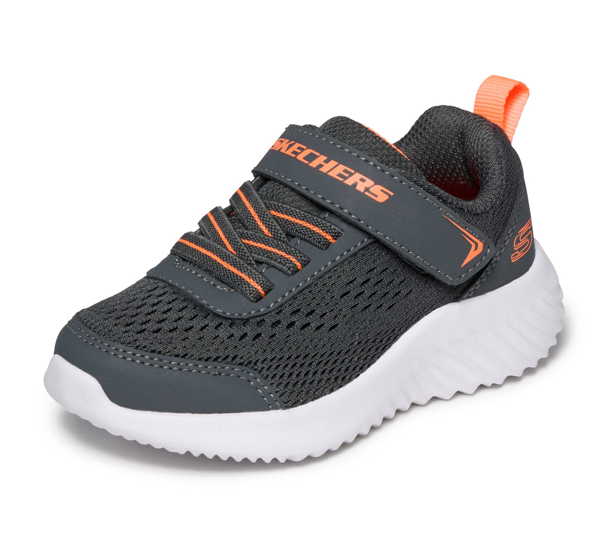 Skechers Bounder Quantarun trainer in grey and orange with a Velcro strap and white sole. Left front view 