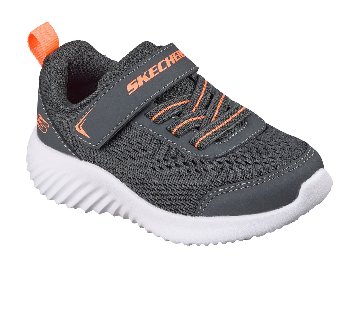 Skechers Bounder Quantarun trainer in grey and orange with a Velcro strap and white sole. Right front view 