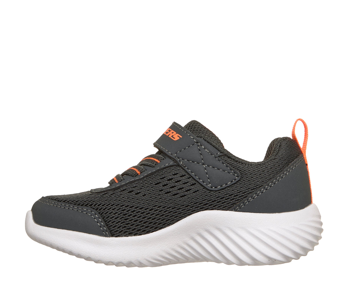 Skechers Bounder Quantarun trainer in grey and orange with a Velcro strap and white sole. Inner right side view 