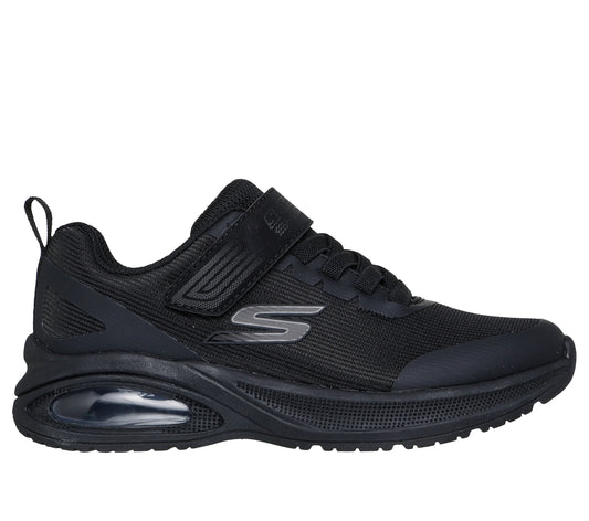 A unisex trainer by Skechers, style Microspec Max Advance Squad in black, with elastic laces, a velcro strap, bubble sole and Skechers logo on side. Right side view