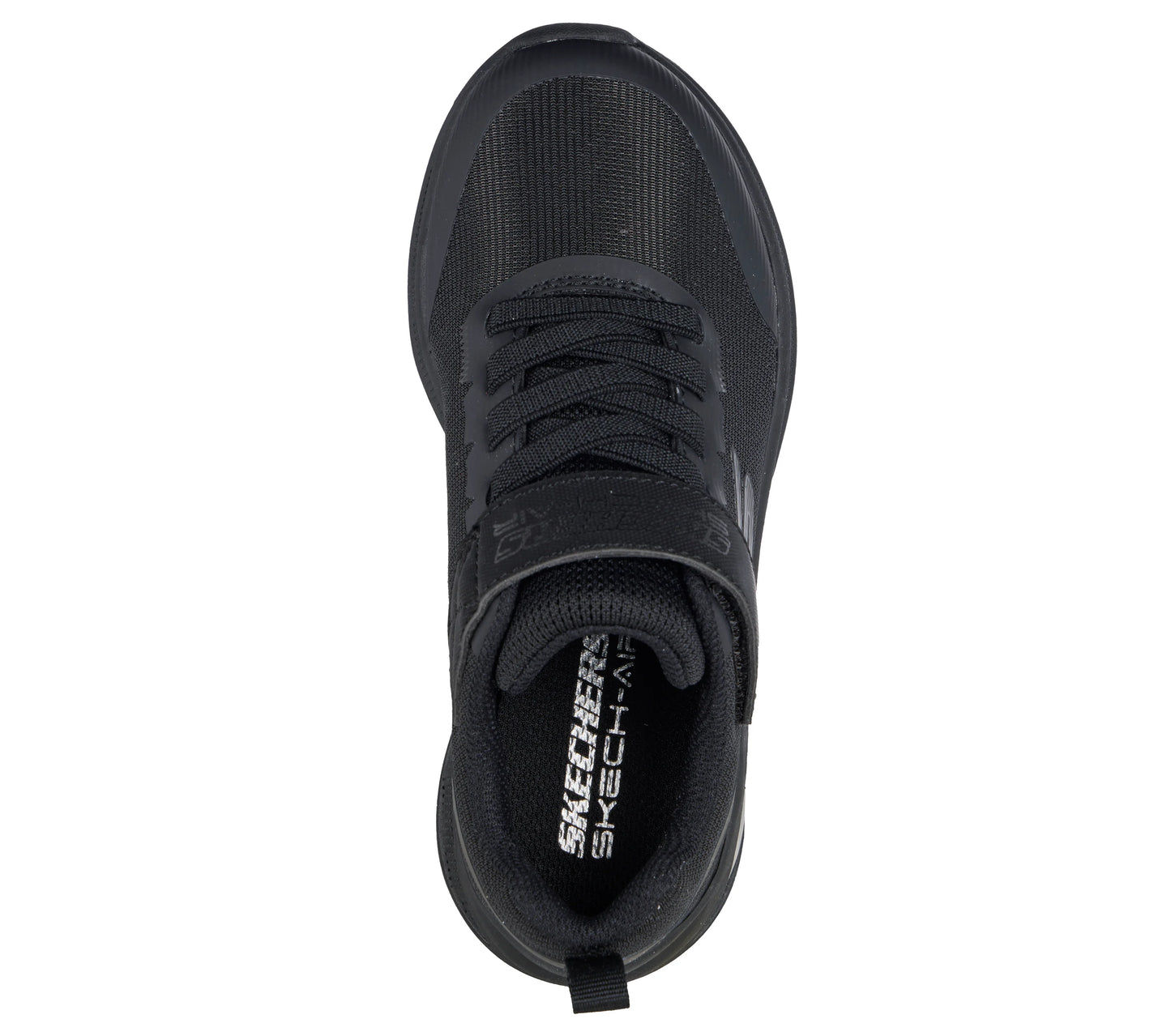 A unisex trainer by Skechers, style Microspec Max Advance Squad in black, with elastic laces, a velcro strap, bubble sole and Skechers logo on side. Top view