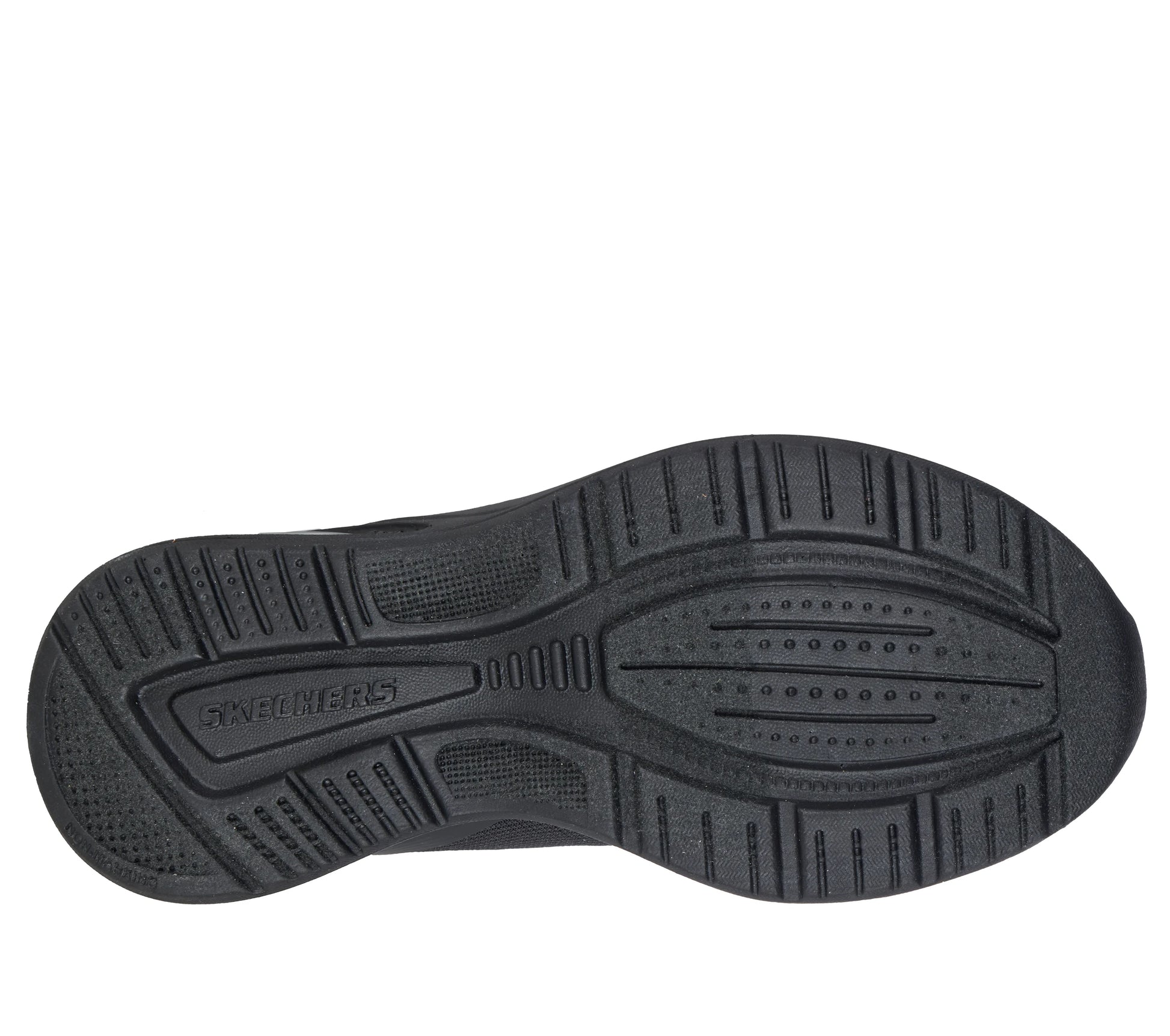A unisex trainer by Skechers, style Microspec Max Advance Squad in black, with elastic laces, a velcro strap, bubble sole and Skechers logo on side. View of sole