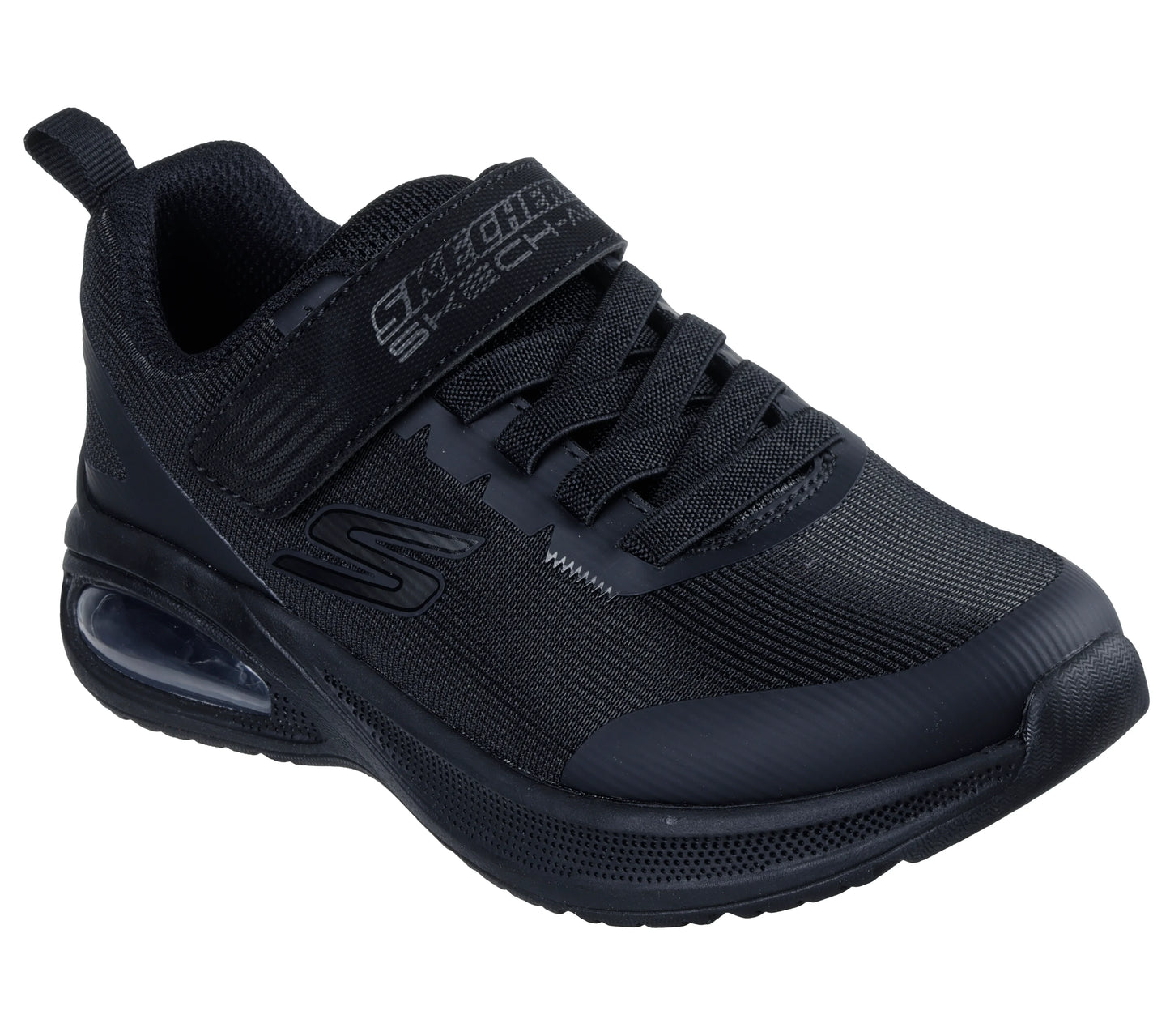 A unisex trainer by Skechers, style Microspec Max Advance Squad in black, with elastic laces, a velcro strap, bubble sole and Skechers logo on side. Angled right side view