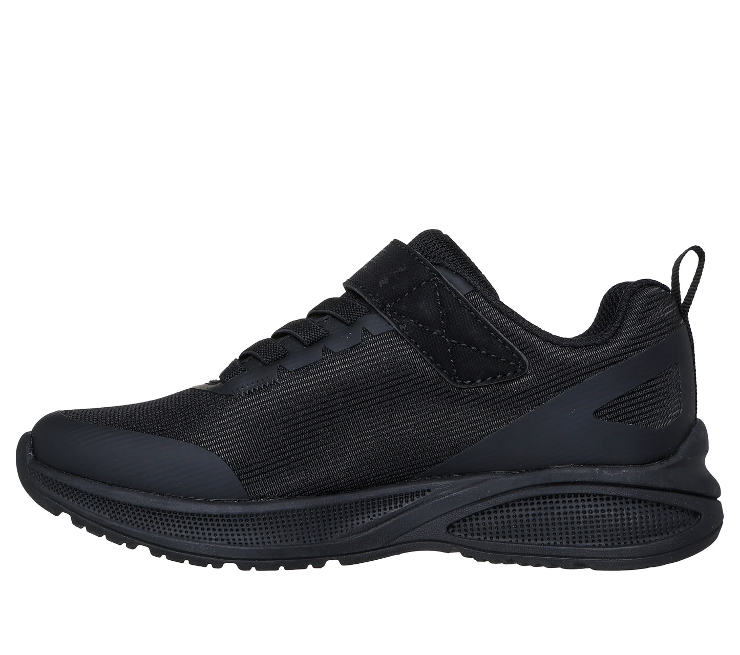 A unisex trainer by Skechers, style Microspec Max Advance Squad in black, with elastic laces, a velcro strap, bubble sole and Skechers logo on side. Inner right side view