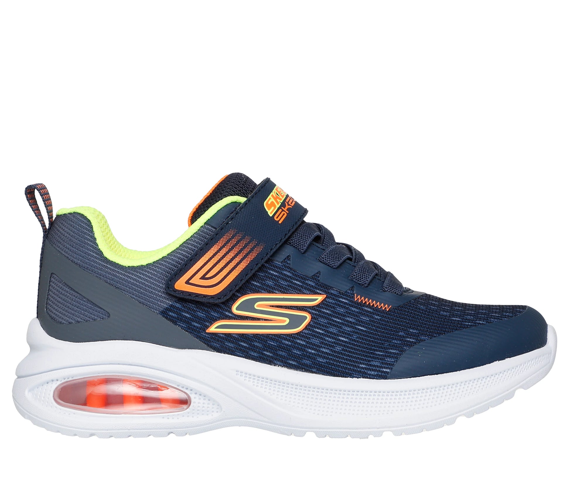 A boys casual trainer by Skechers, style Microspec Max Advance - Squad Pacer 404105L in navy and orange with velcro fastening. Right side view.