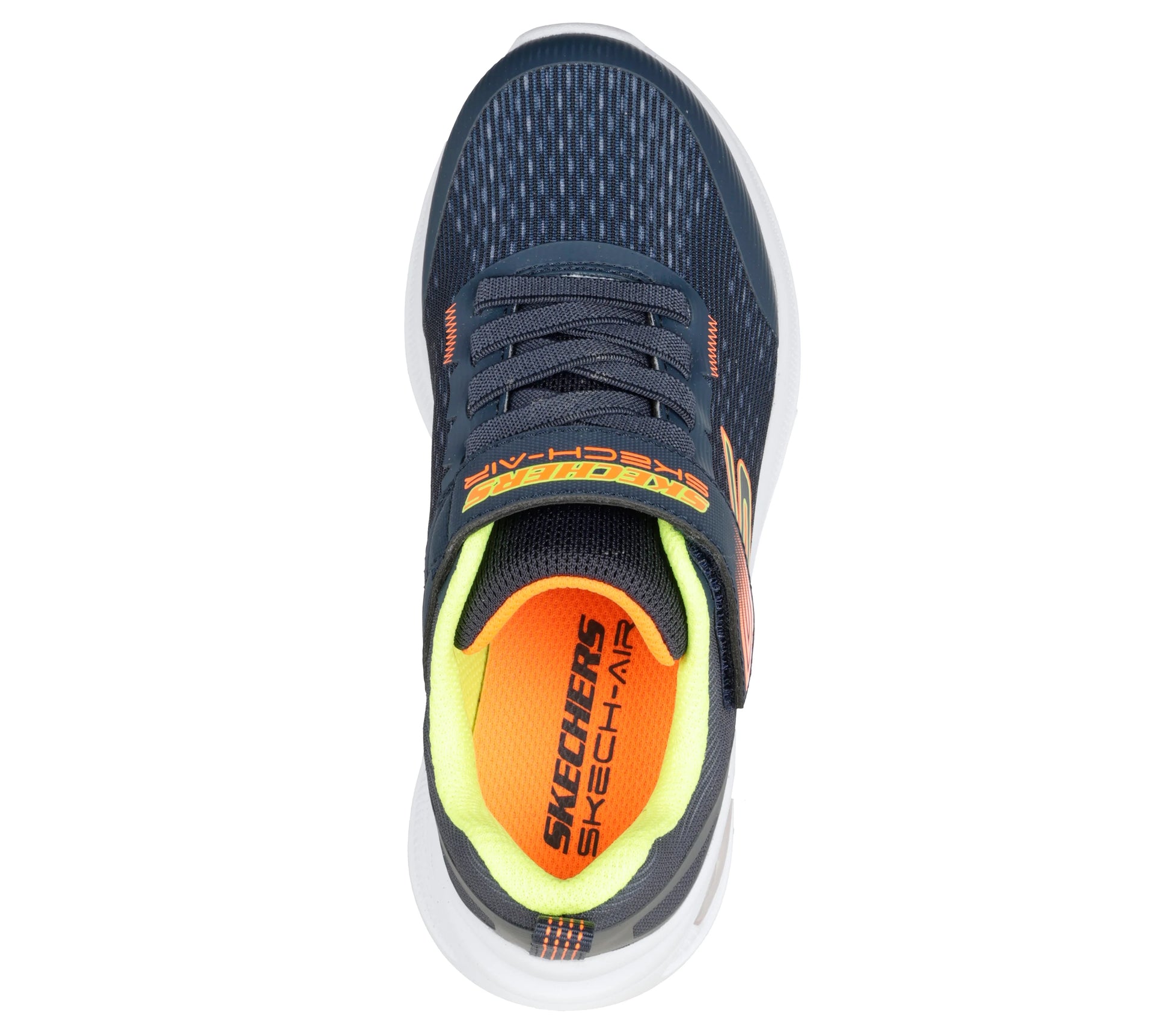 A boys casual trainer by Skechers, style Microspec Max Advance - Squad Pacer 404105L in navy and orange with velcro fastening. Above view.