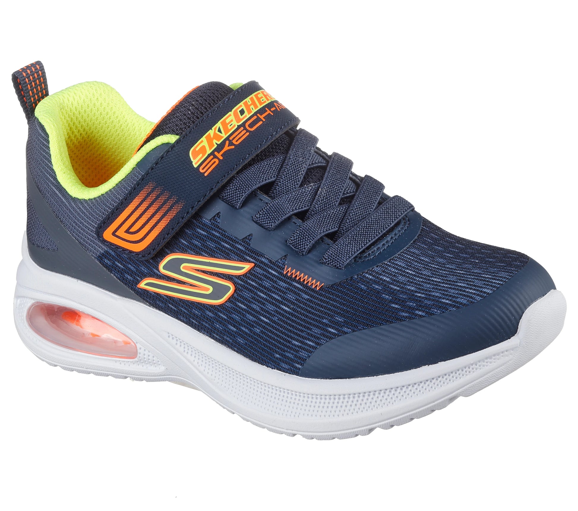 A boys casual trainer by Skechers, style Microspec Max Advance - Squad Pacer 404105L in navy and orange with velcro fastening. Right side view.