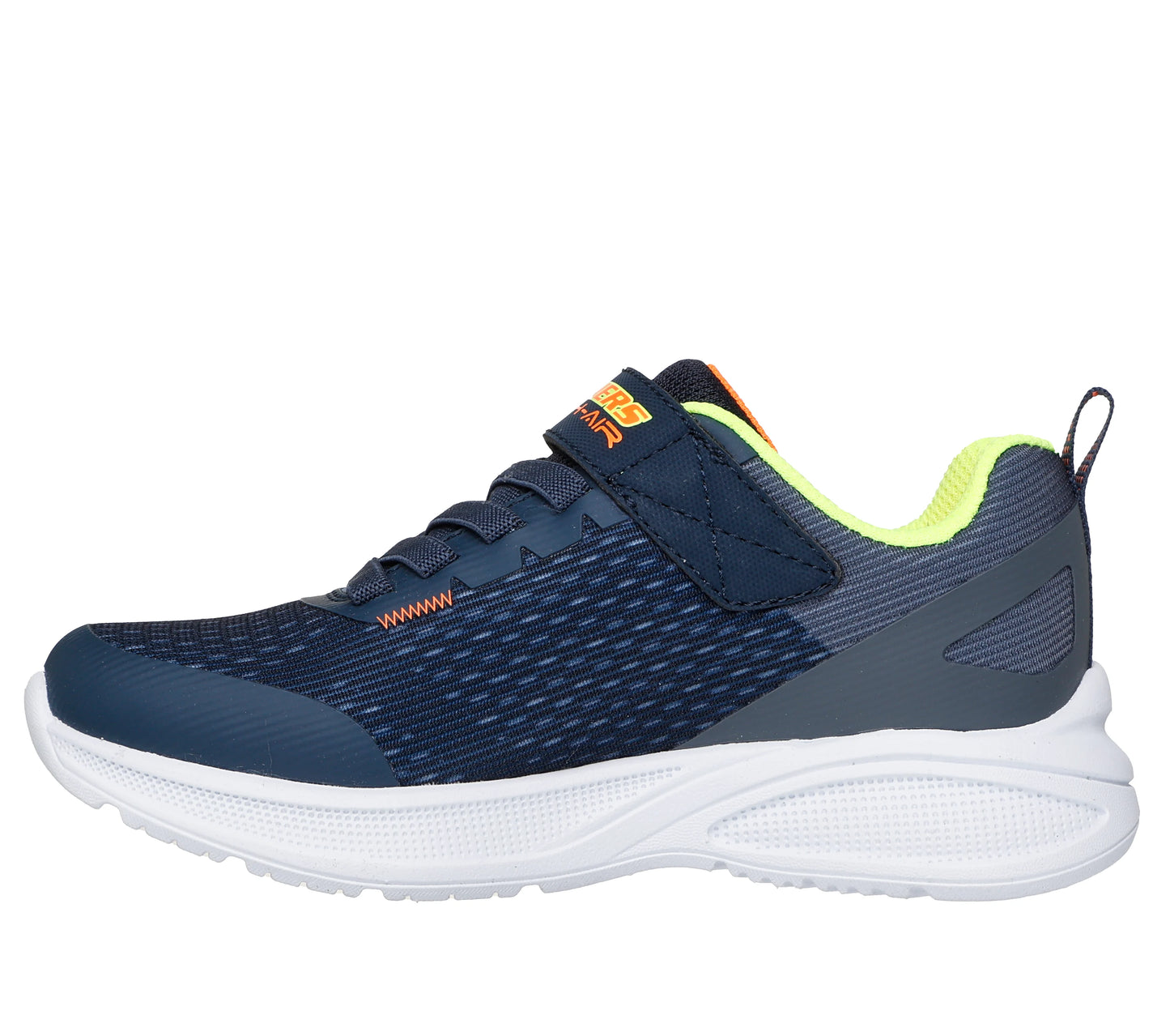 A boys casual trainer by Skechers, style Microspec Max Advance - Squad Pacer 404105L in navy and orange with velcro fastening. Left side view.