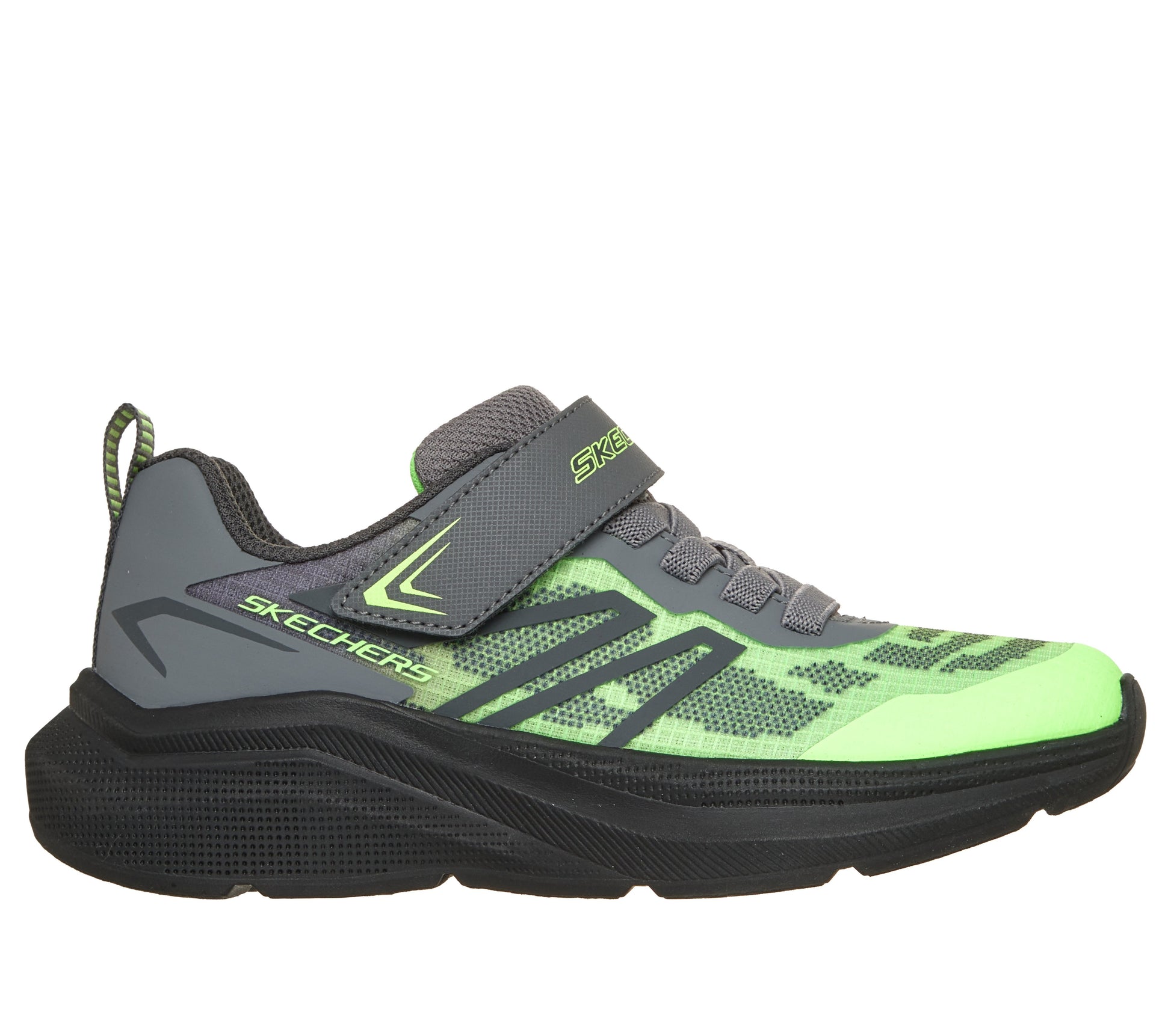 Skechers Microspec Velocity trainers in grey and lime green with a Velcro strap and black sole. Right side view.