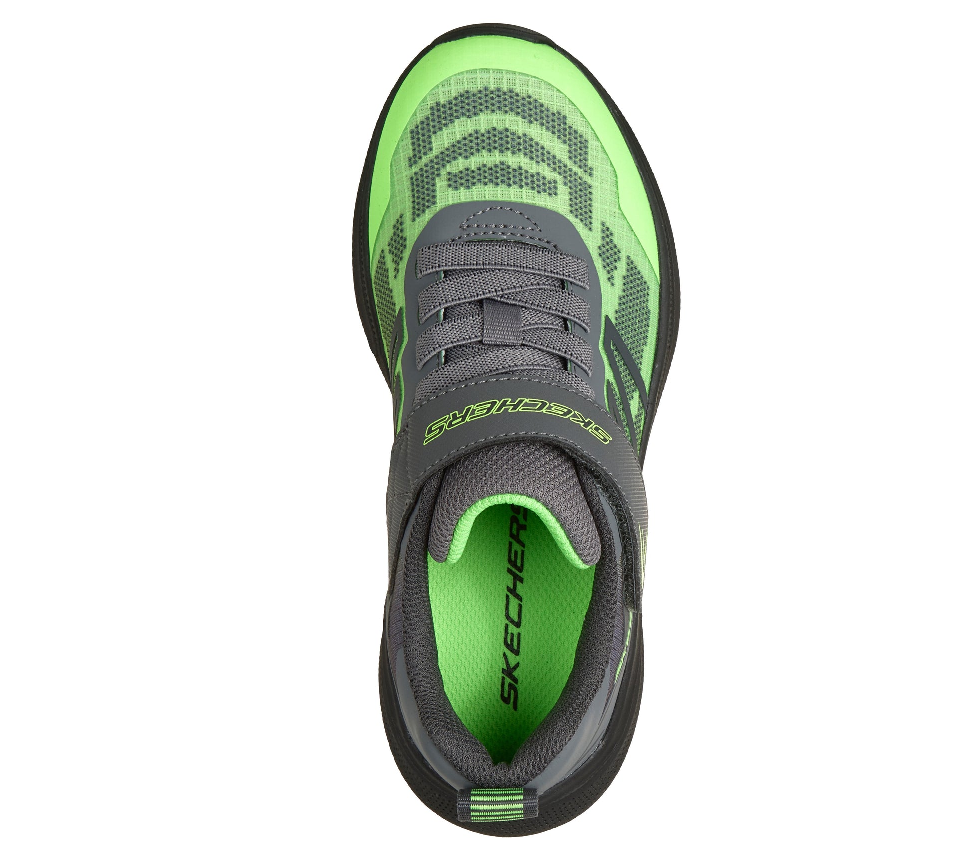 Skechers Microspec Velocity trainers in grey and lime green with a Velcro strap and black sole. Top view. 