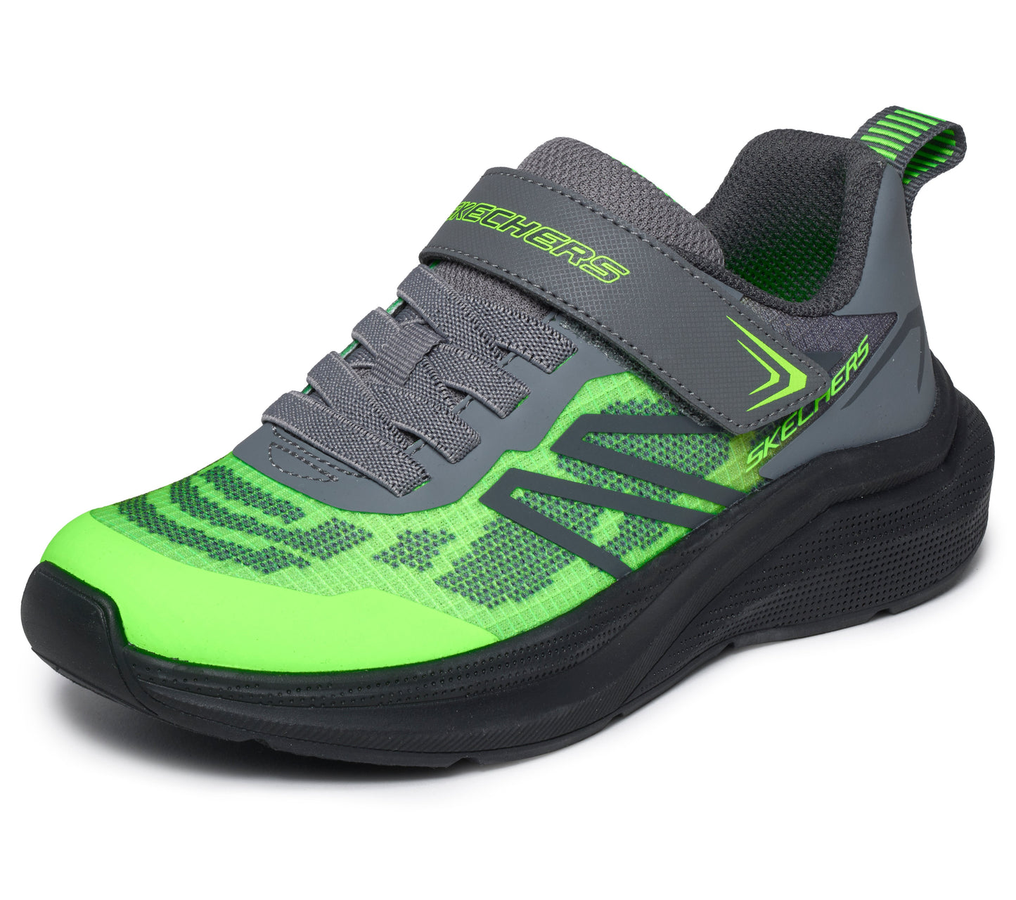 Skechers Microspec Velocity trainers in grey and lime green with a Velcro strap and black sole. Front left view.