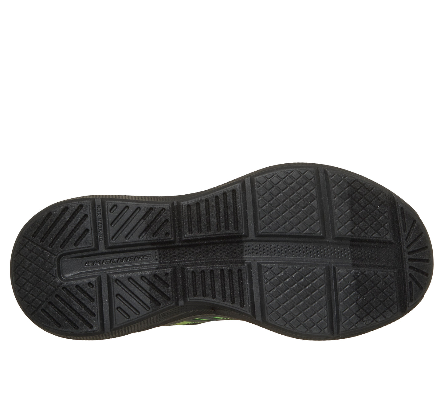 Skechers Microspec Velocity trainers in grey and lime green with a Velcro strap and black sole. View of sole. 