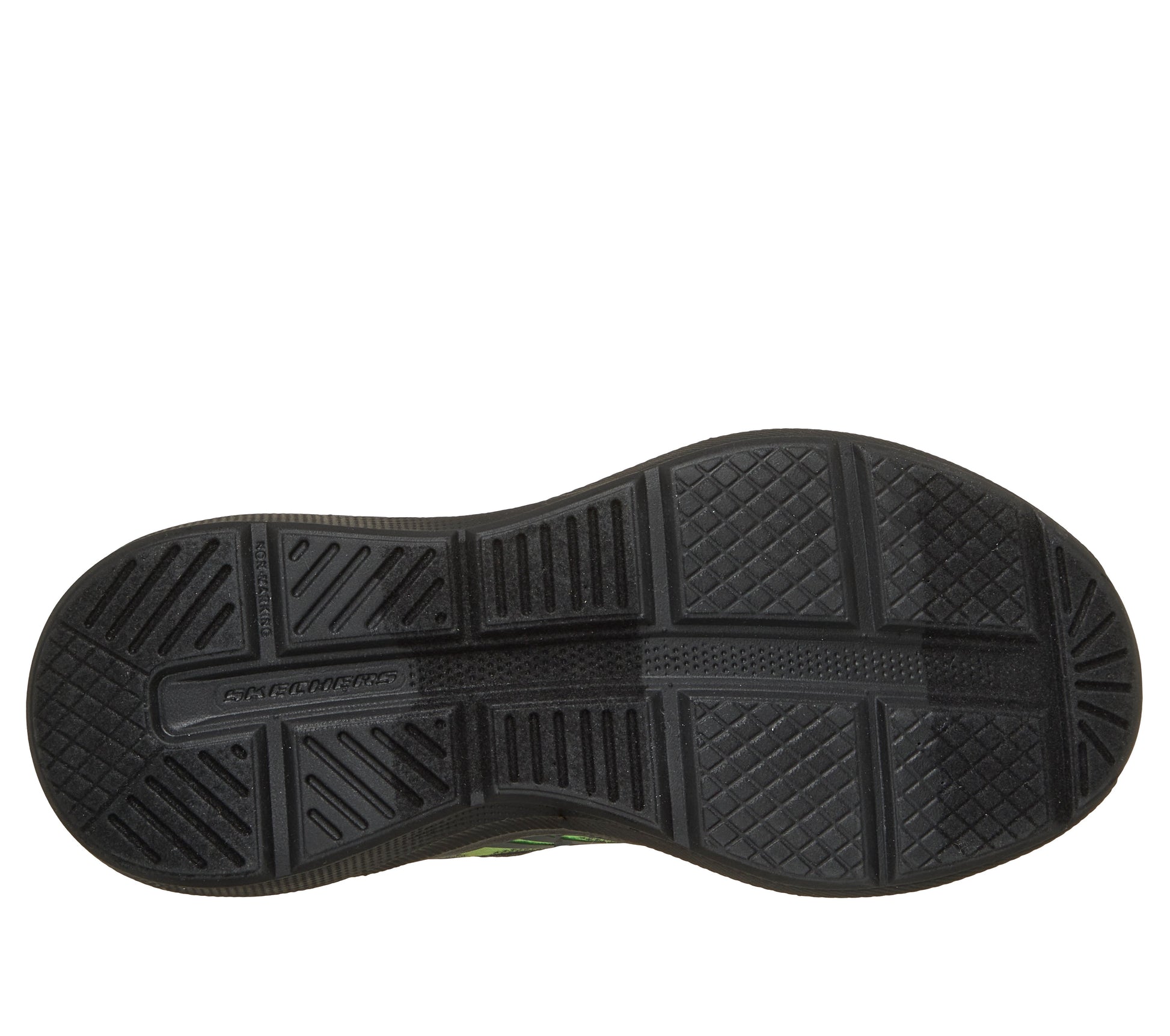 Skechers Microspec Velocity trainers in grey and lime green with a Velcro strap and black sole. View of sole. 