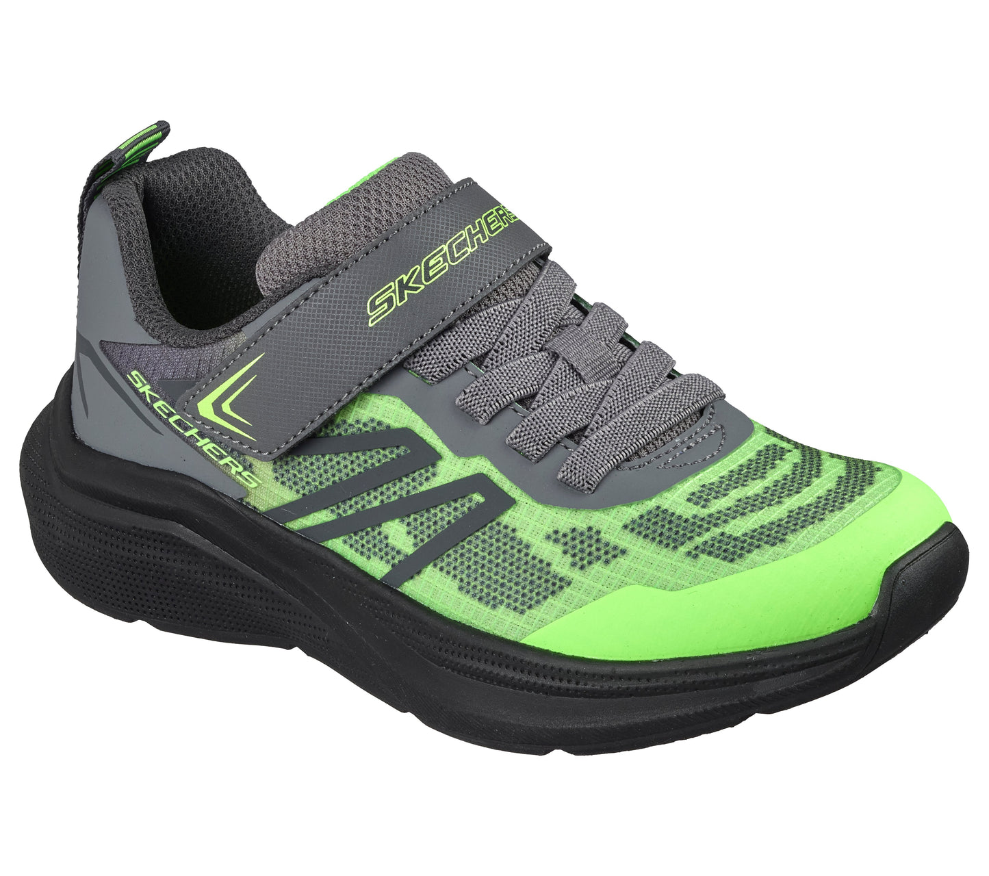 Skechers Microspec Velocity trainers in grey and lime green with a Velcro strap and black sole. Front right view.