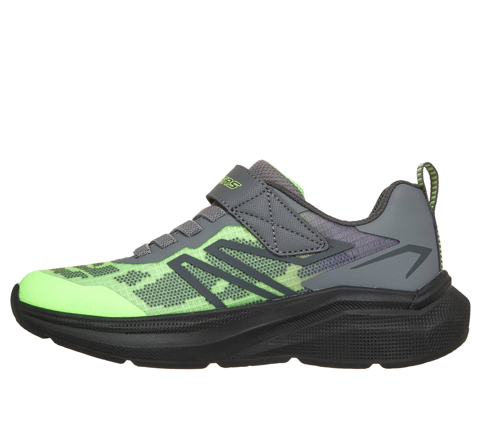 Skechers Microspec Velocity trainers in grey and lime green with a Velcro strap and black sole. Inner right side view.