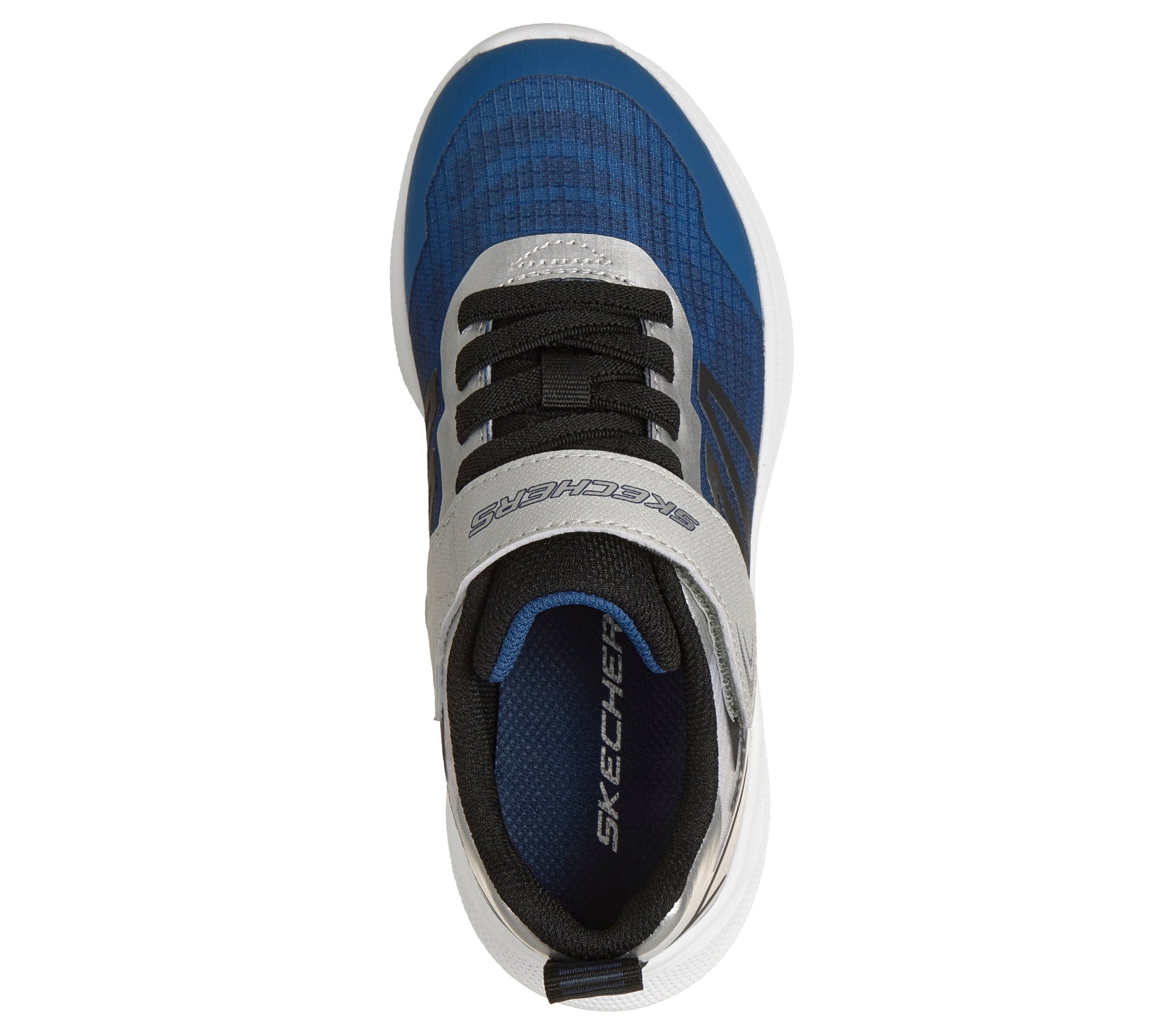 Skechers Microspec Velocity trainers in navy, black and silver with a Velcro strap and white sole. Top view. 