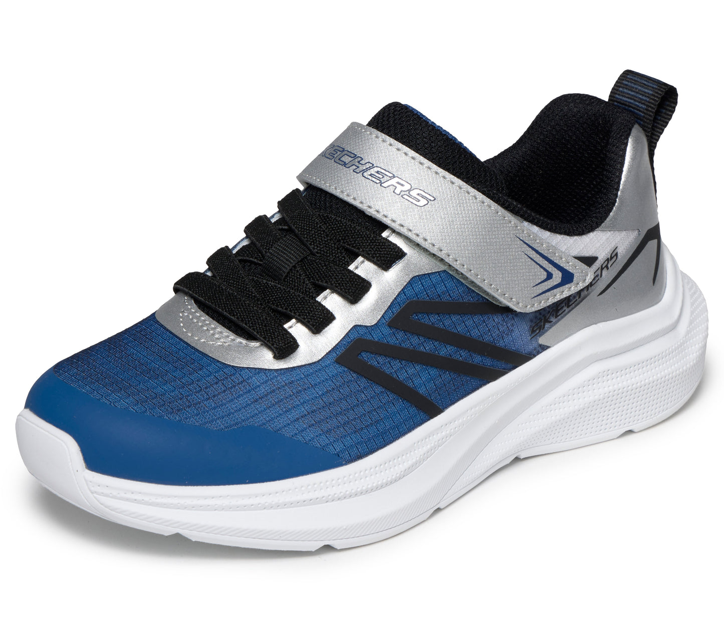 Skechers Microspec Velocity trainers in navy, black and silver with a Velcro strap and white sole. Left front view. 