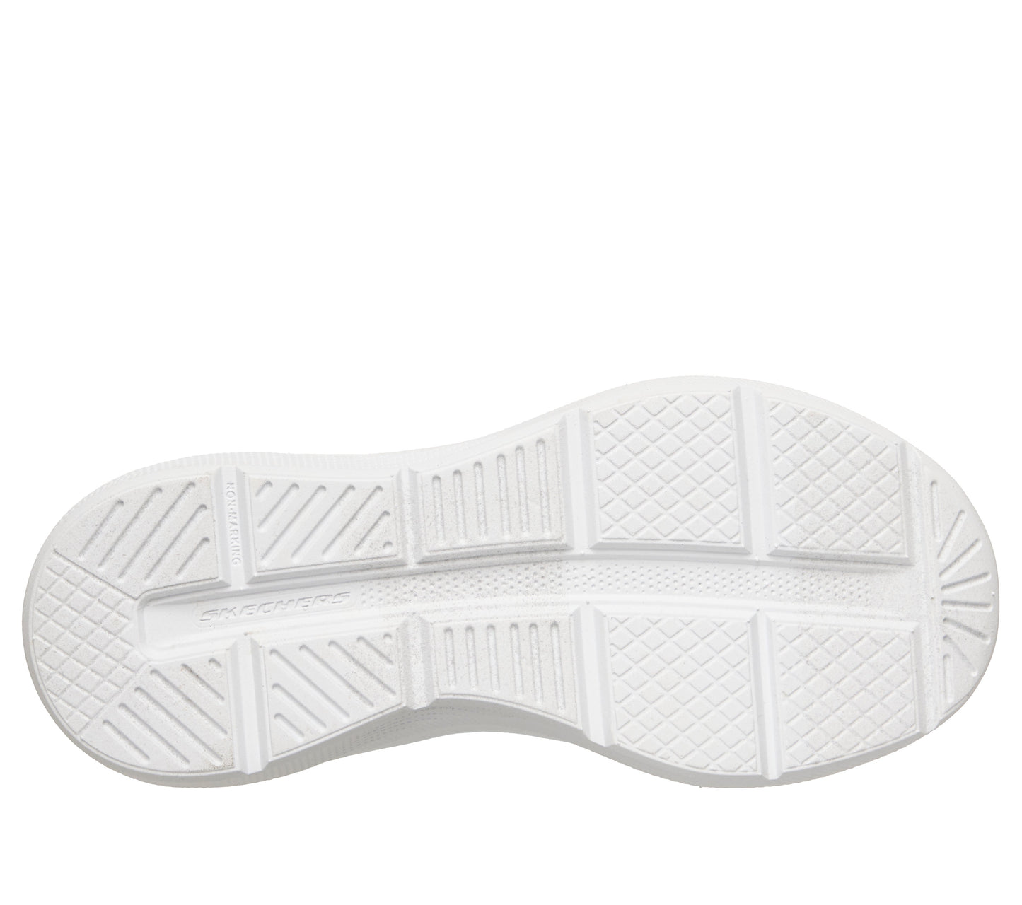 Skechers Microspec Velocity trainers in navy, black and silver with a Velcro strap and white sole. View of sole.