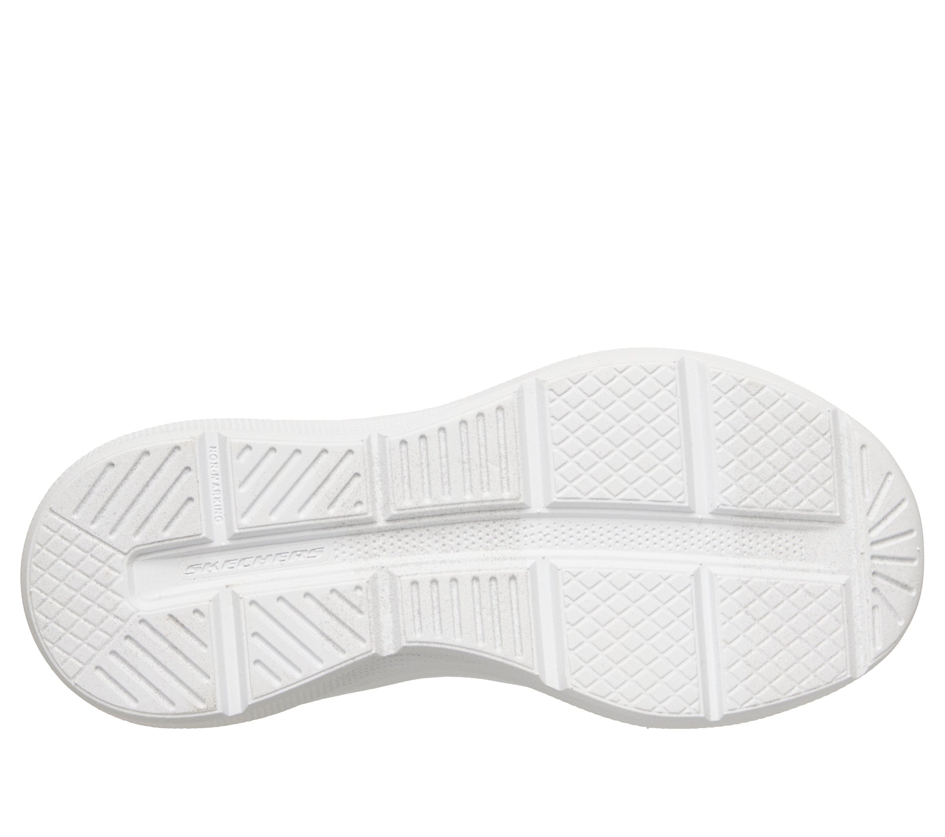 Skechers Microspec Velocity trainers in navy, black and silver with a Velcro strap and white sole. View of sole.