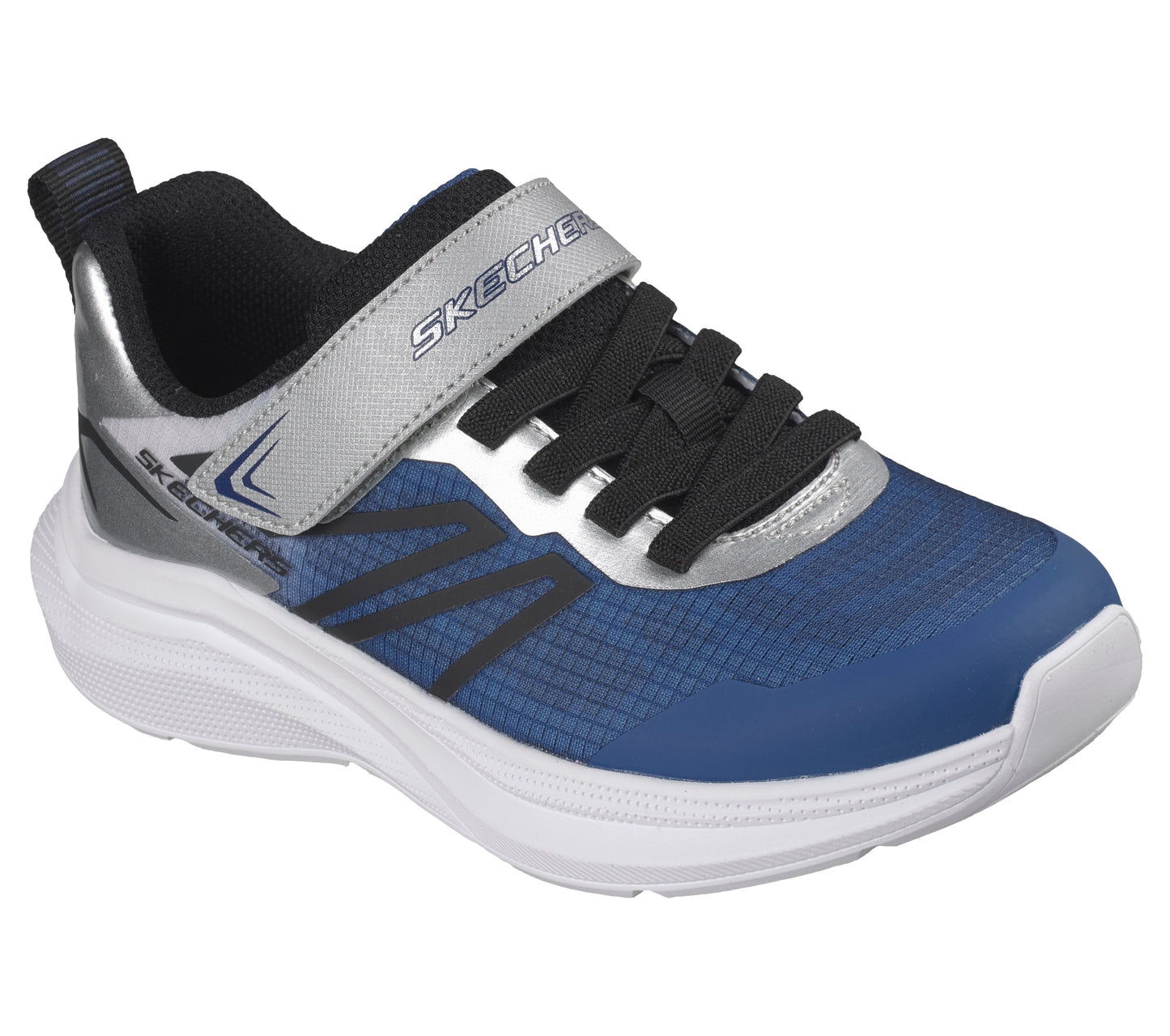 Skechers Microspec Velocity trainers in navy, black and silver with a Velcro strap and white sole. Front right view. 