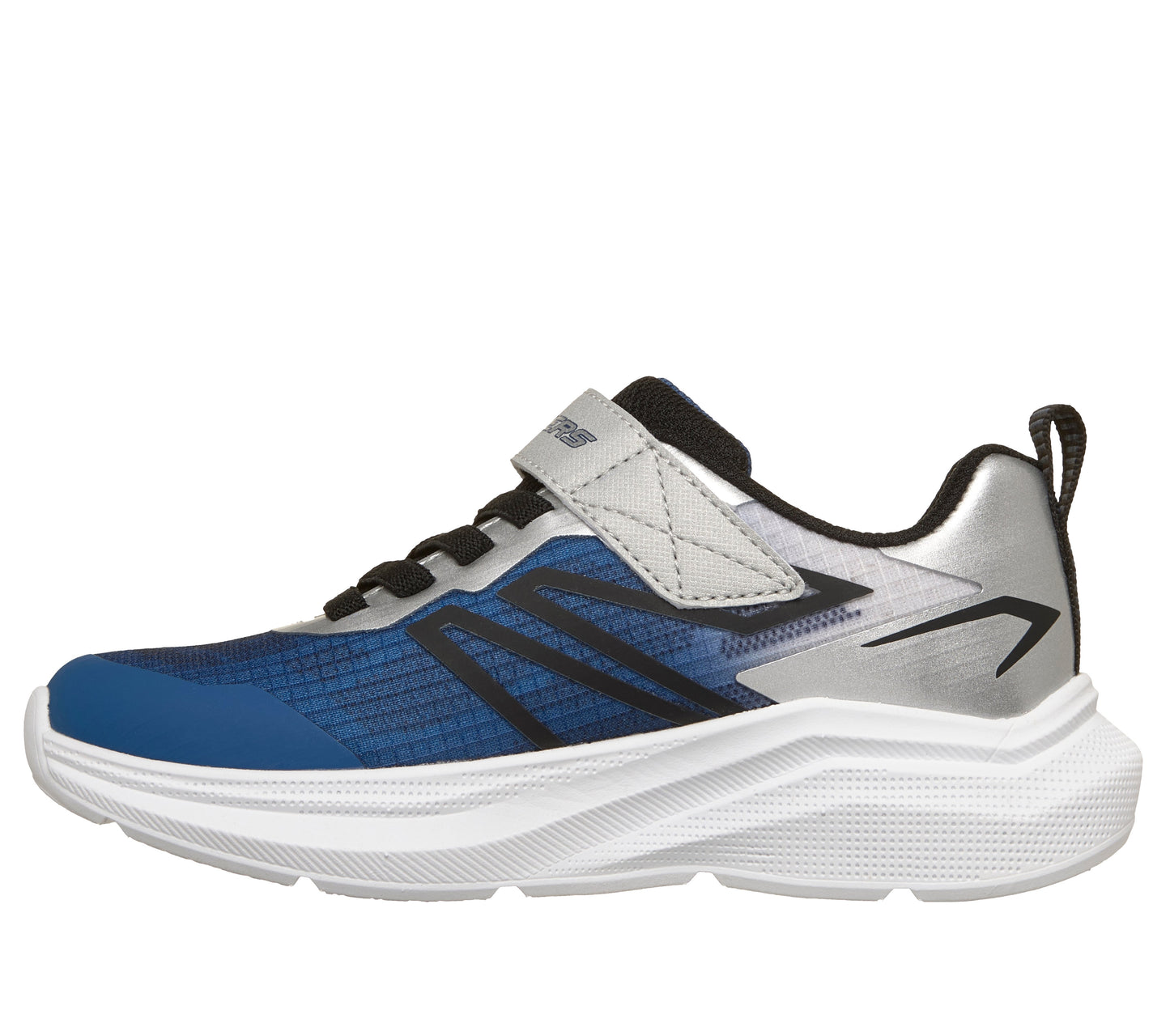 Skechers Microspec Velocity trainers in navy, black and silver with a Velcro strap and white sole. Inner right side view. 
