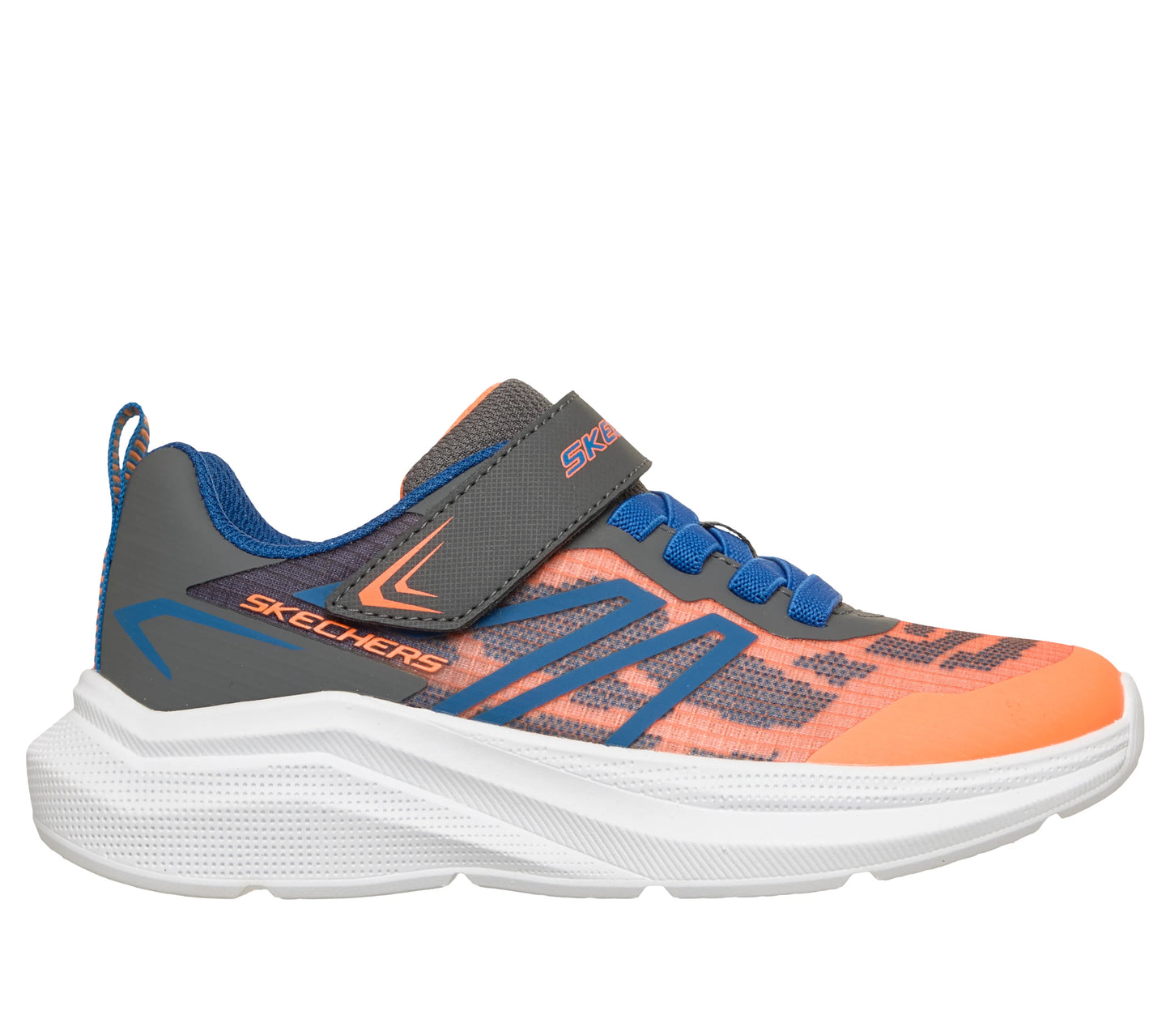 A boys trainer by Skechers, style Microspec Advance in orange/charcoal, with white sole, blue elastic laces and a velcro strap. Right side view