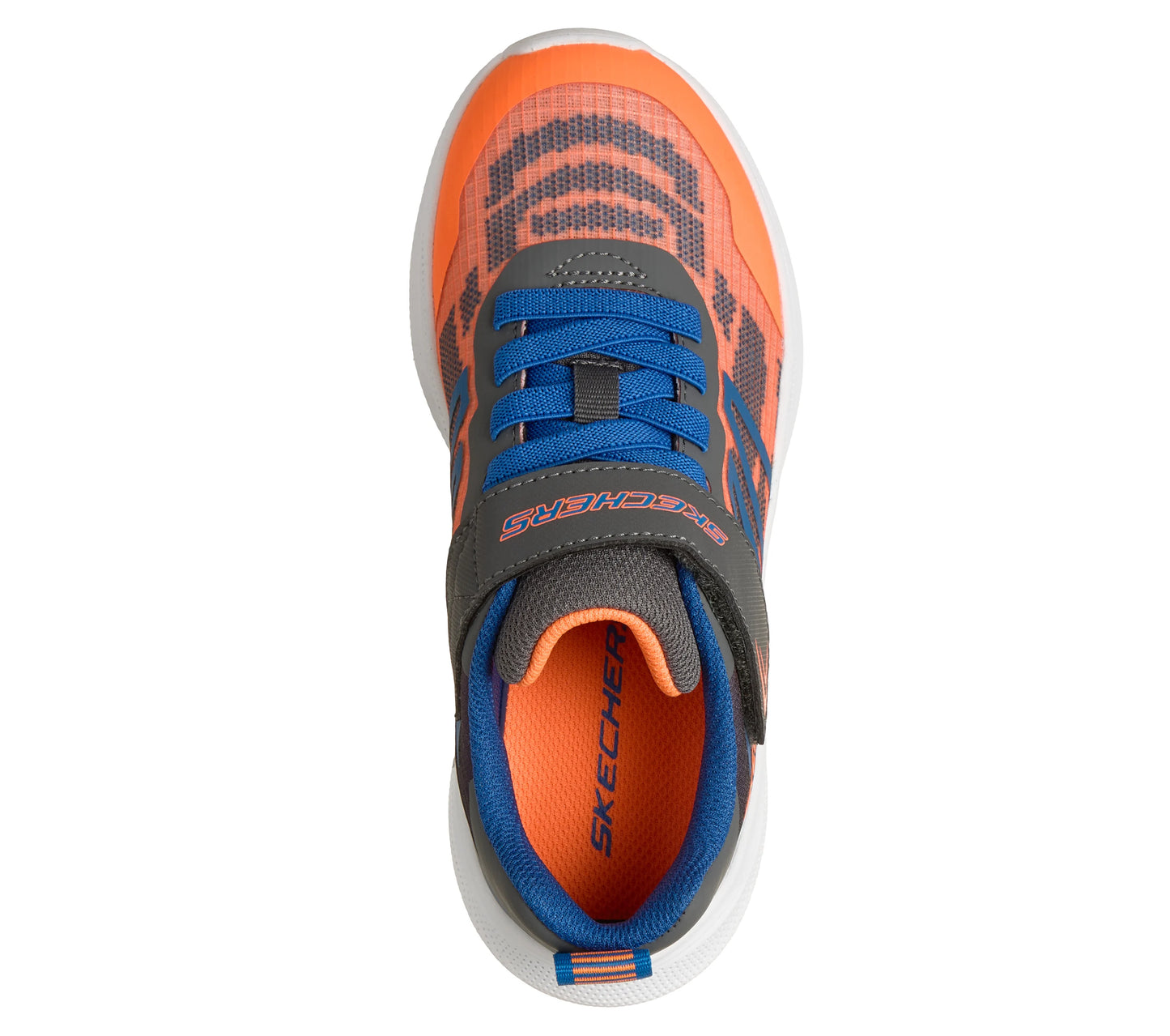 A boys trainer by Skechers, style Microspec Advance in orange/charcoal, with white sole, blue elastic laces and a velcro strap. Top view