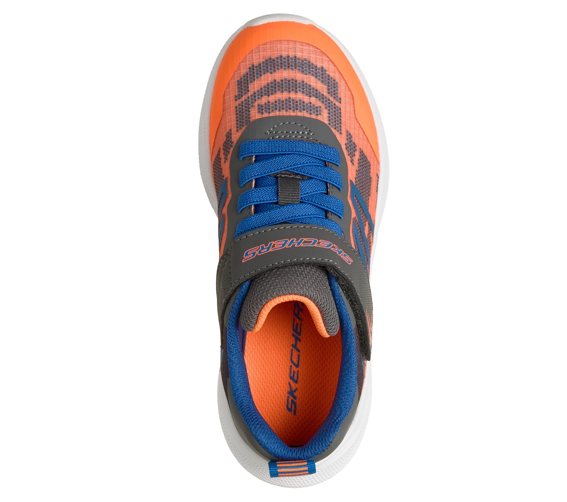 A boys trainer by Skechers, style Microspec Advance in orange/charcoal, with white sole, blue elastic laces and a velcro strap. Top view