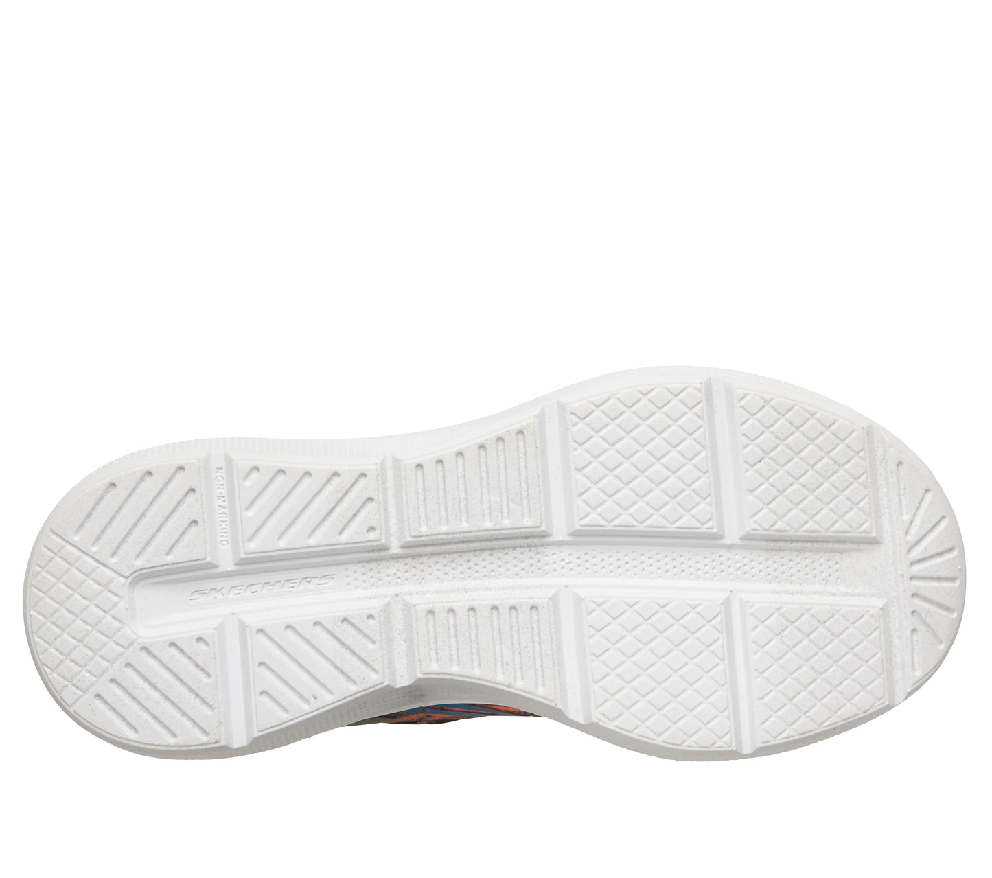A boys trainer by Skechers, style Microspec Advance in orange/charcoal, with white sole, blue elastic laces and a velcro strap. View of sole