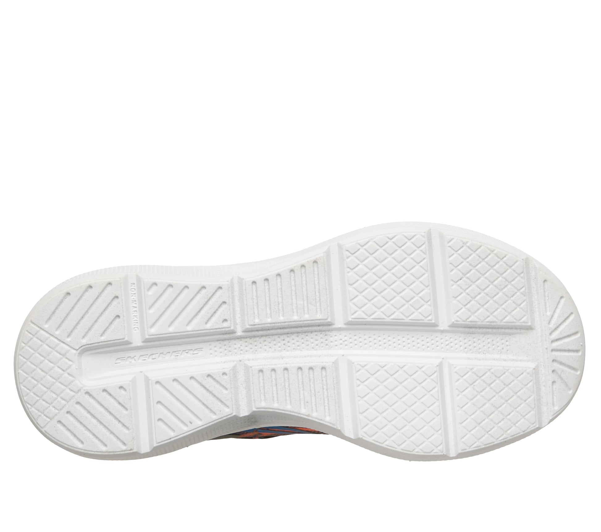 A boys trainer by Skechers, style Microspec Advance in orange/charcoal, with white sole, blue elastic laces and a velcro strap. View of sole