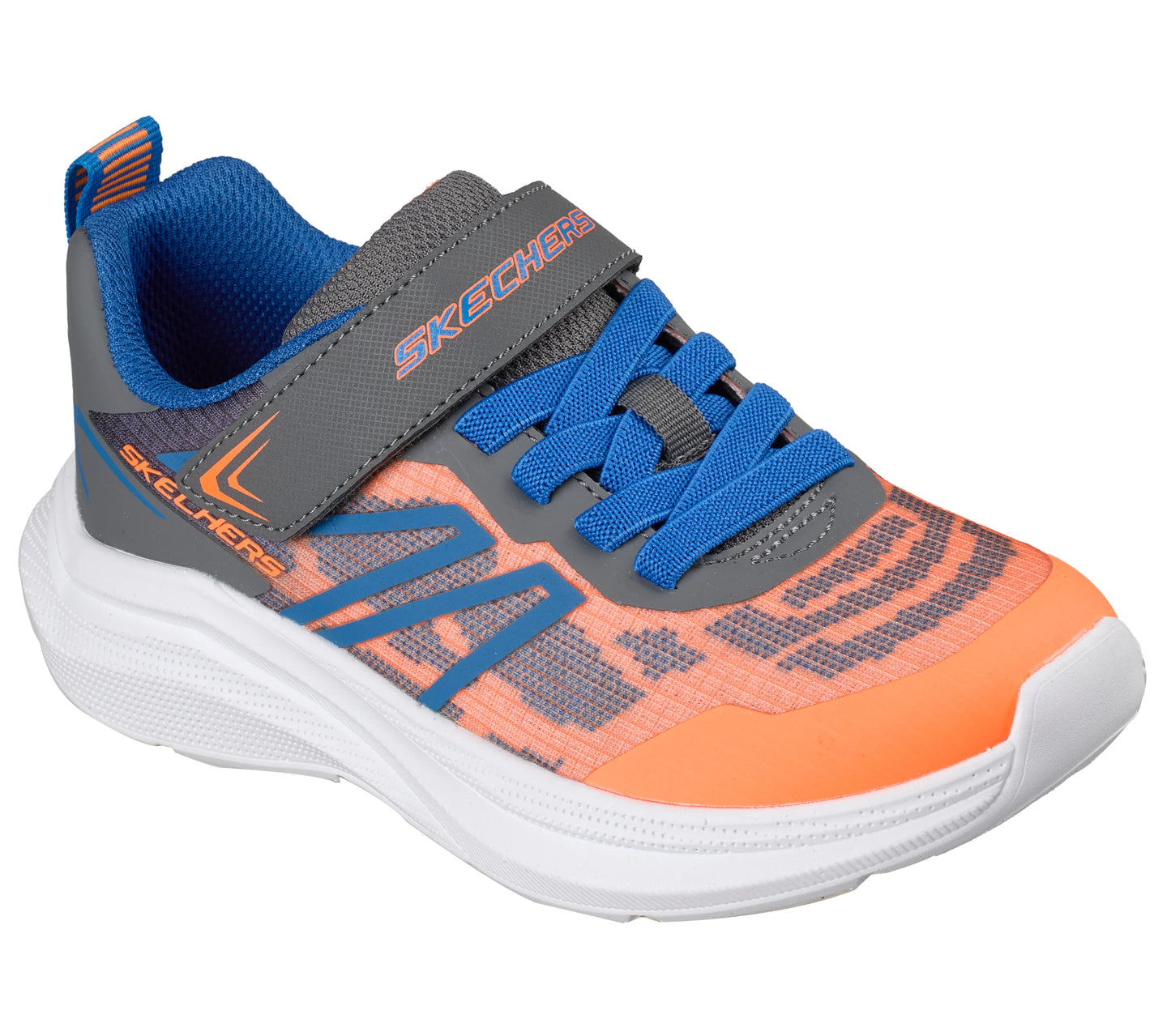 A boys trainer by Skechers, style Microspec Advance in orange/charcoal, with white sole, blue elastic laces and a velcro strap. Angled right side view