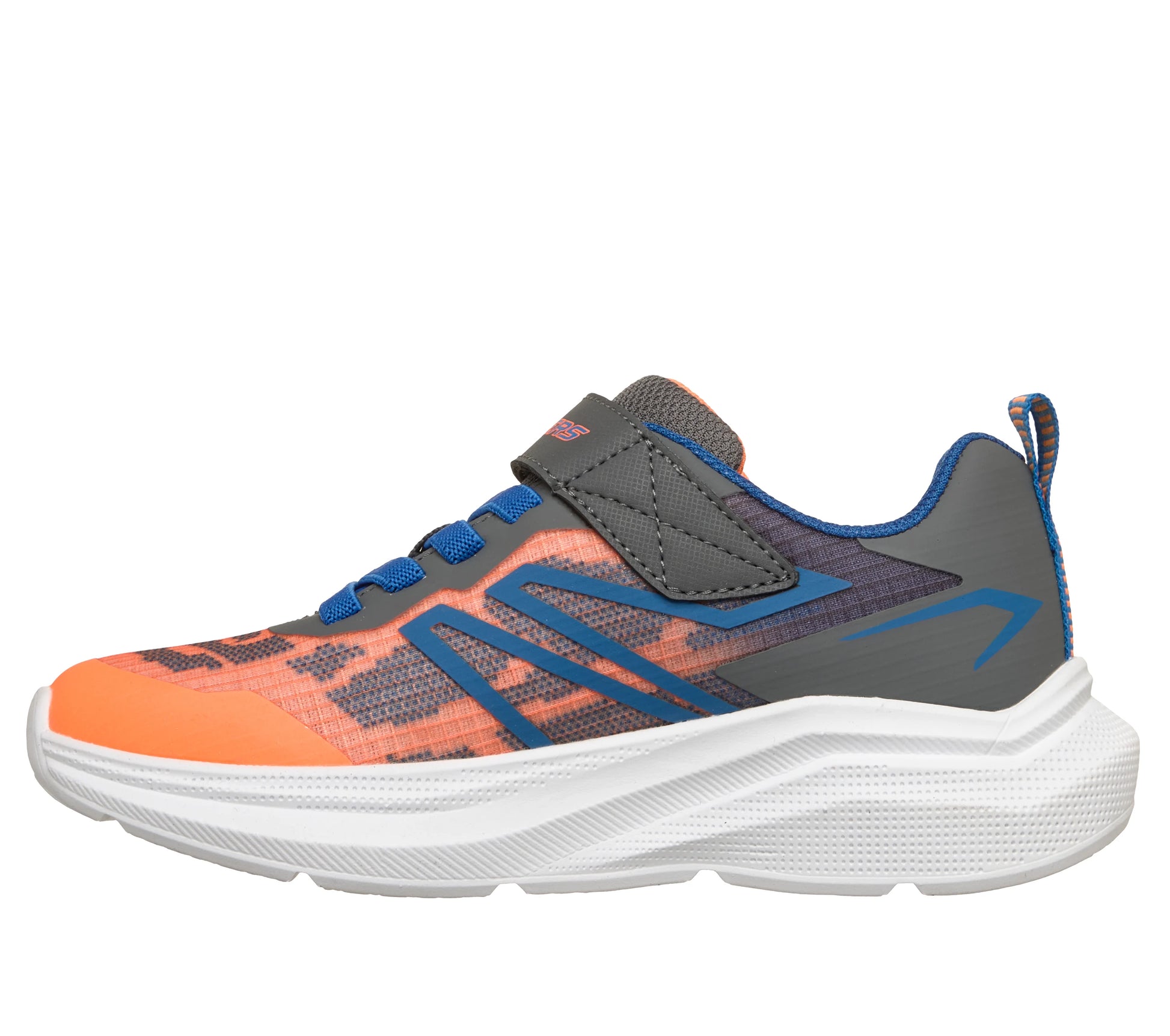 A boys trainer by Skechers, style Microspec Advance in orange/charcoal, with white sole, blue elastic laces and a velcro strap. Inner right side view
