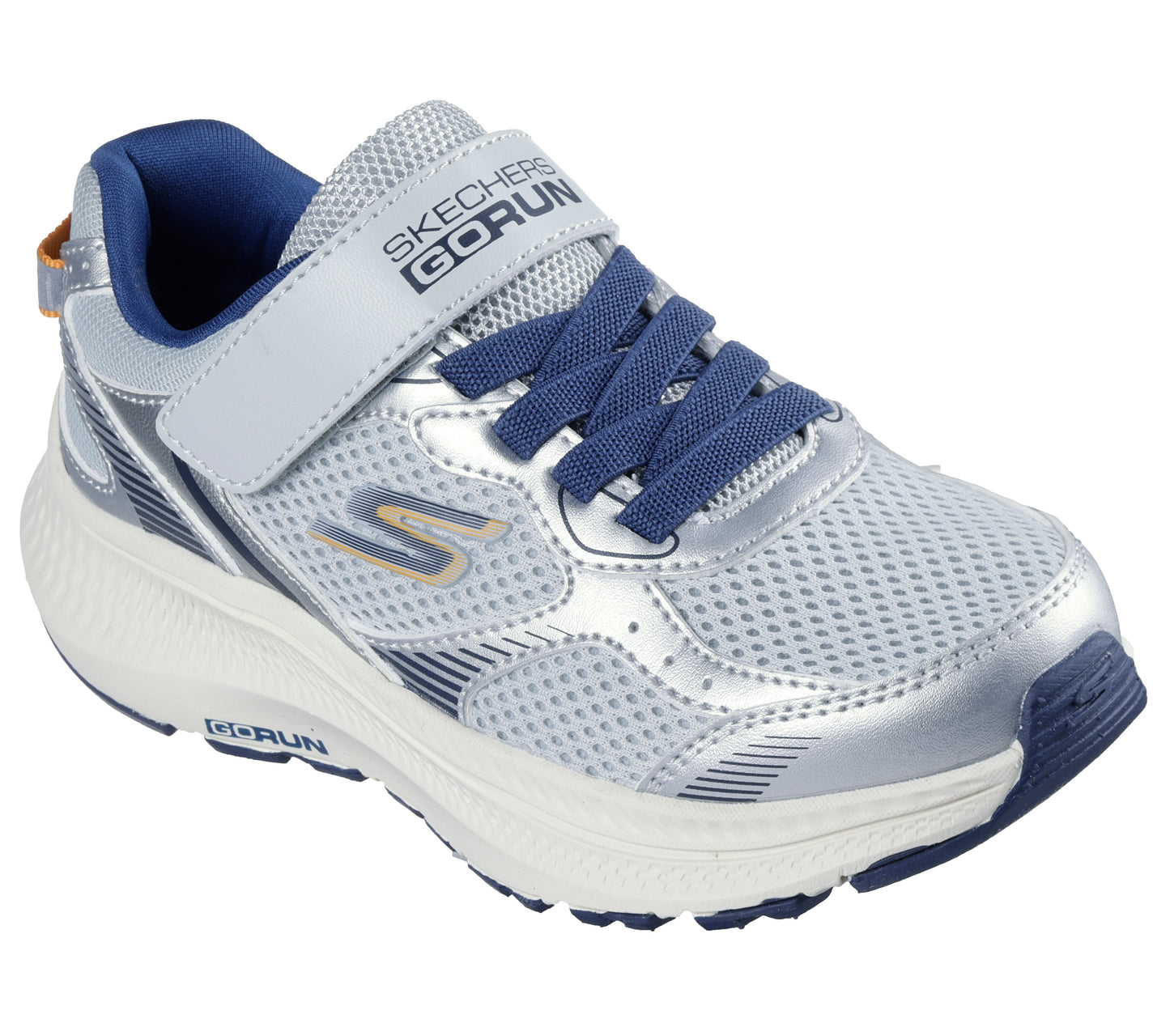A boys casual trainer by Skechers, style Go Run Consistent Level Pace 405039L in Silver and navy with velcro fastening. Right side view.
