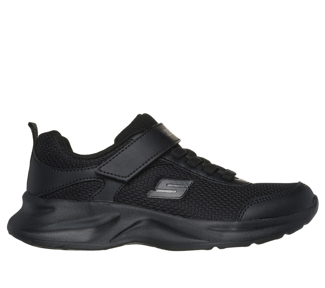 A unisex trainer by Skechers, style Dynamatic, in black synthetic with bungee lace and velcro fastening. Right side view.