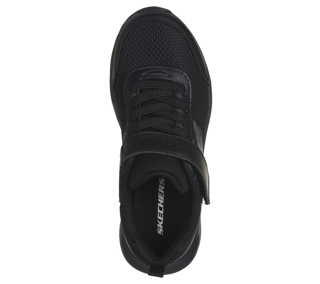 A unisex trainer by Skechers, style Dynamatic, in black synthetic with bungee lace and velcro fastening. Above view.