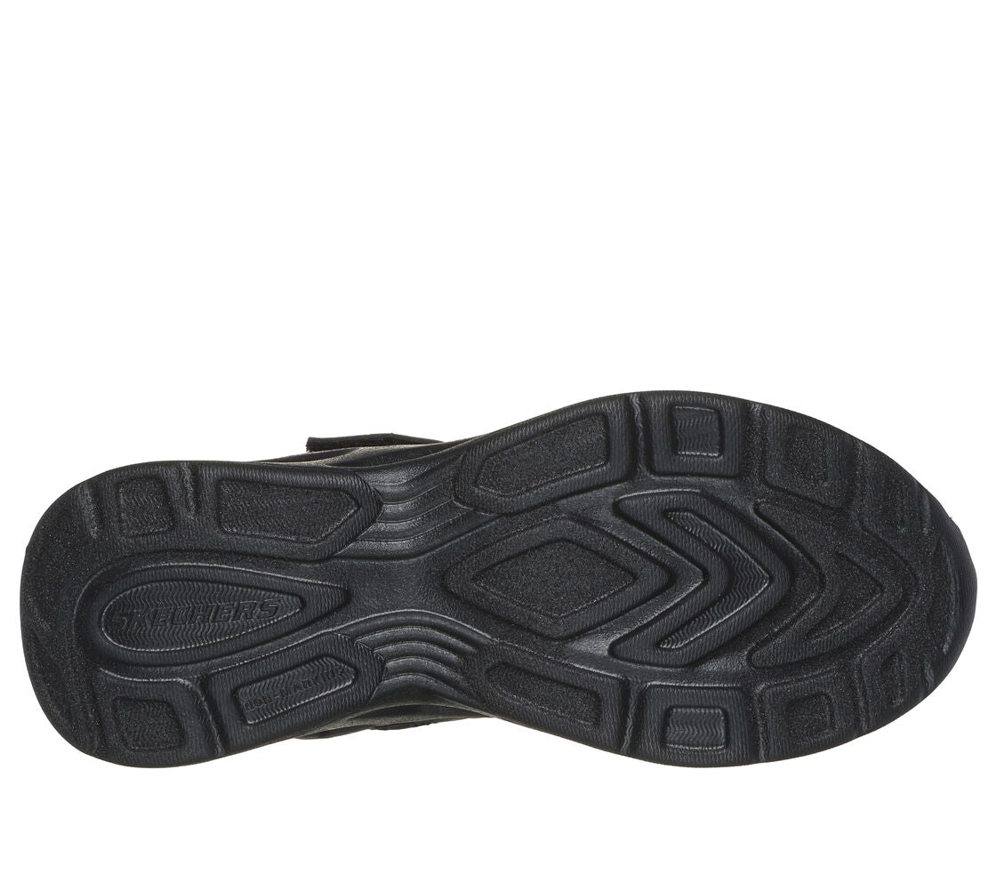 A unisex trainer by Skechers, style Dynamatic, in black synthetic with bungee lace and velcro fastening. Sole view.