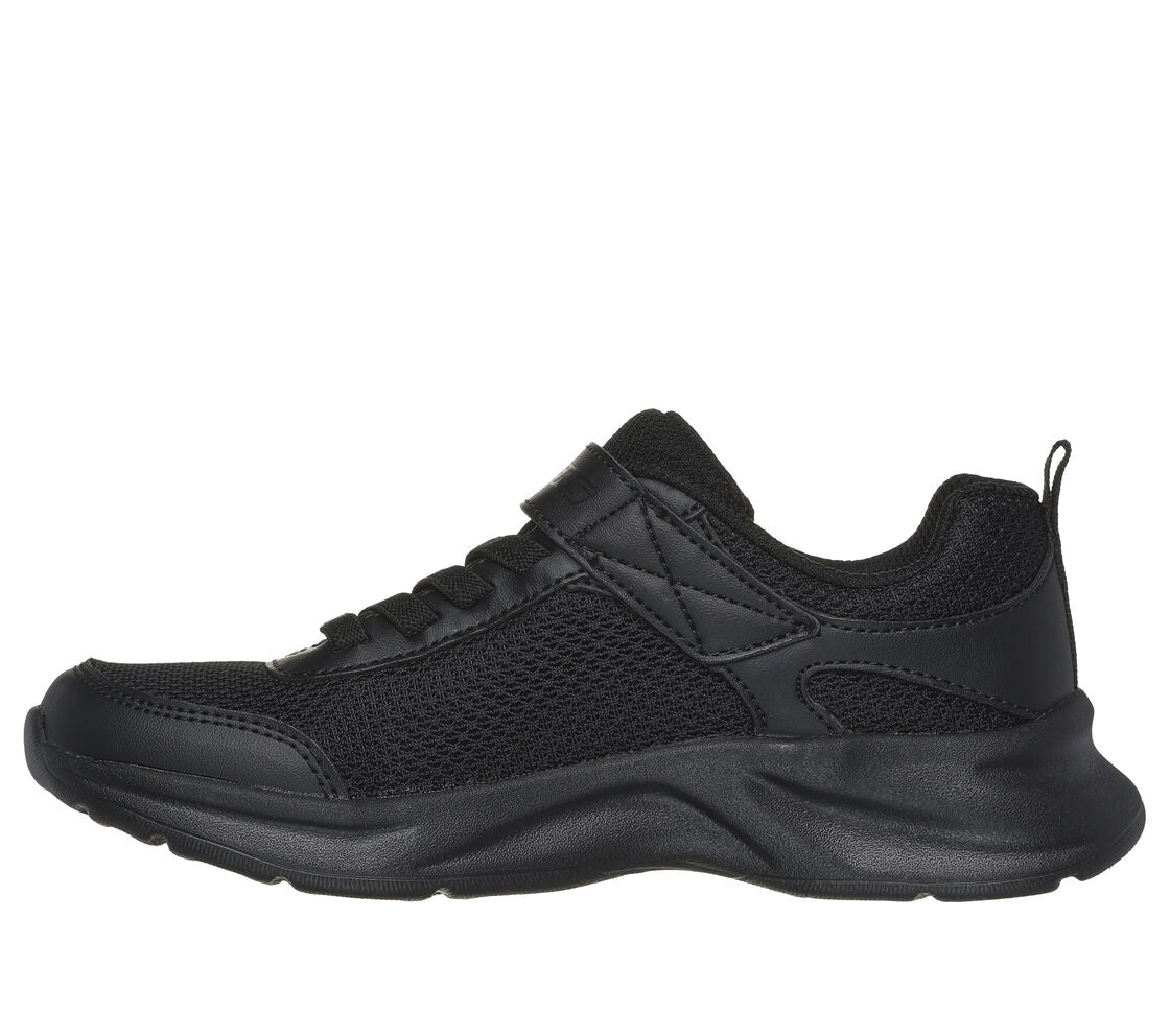 A unisex trainer by Skechers, style Dynamatic, in black synthetic with bungee lace and velcro fastening.Left side view.