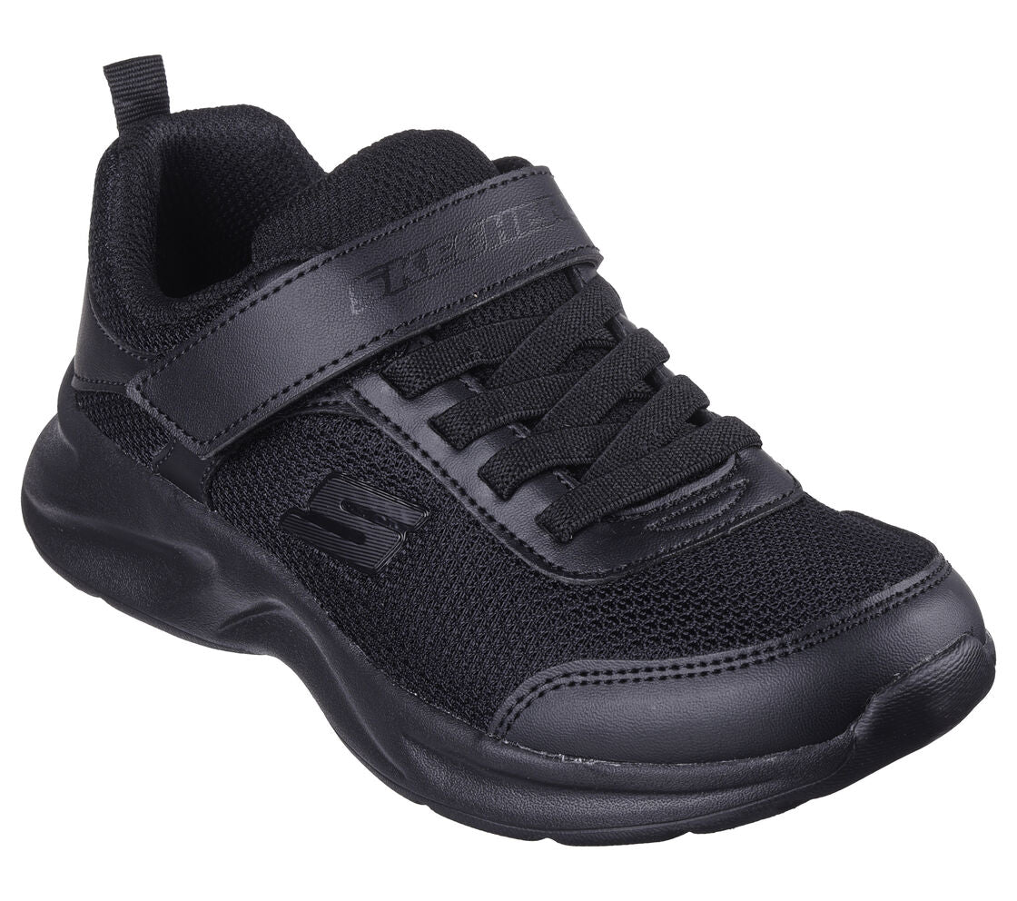 A unisex trainer by Skechers, style Dynamatic, in black synthetic with bungee lace and velcro fastening.Angled view.