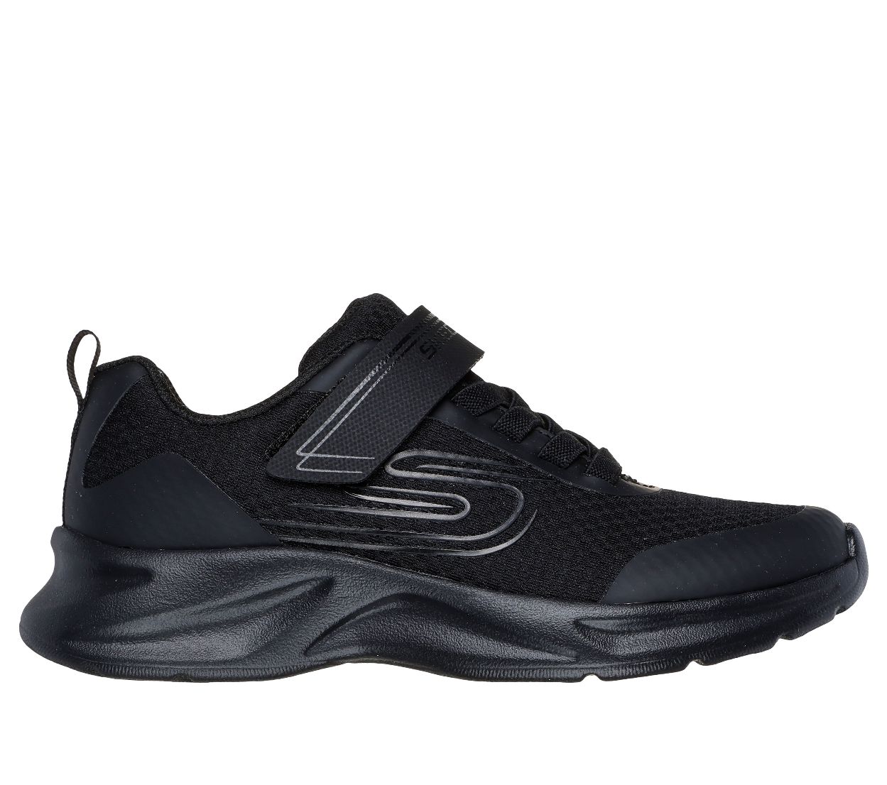 A unisex trainer by Skechers, style 405112L Swift Tread, in black synthetic with bungee lace and velcro fastening. Right side view.