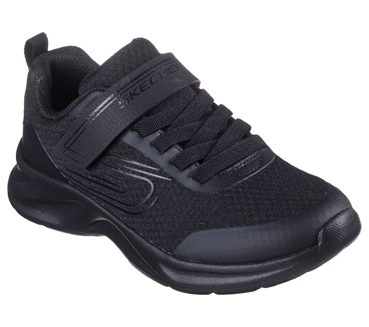 A unisex trainer by Skechers, style 405112L Swift Tread, in black synthetic with bungee lace and velcro fastening. Angled right side view.