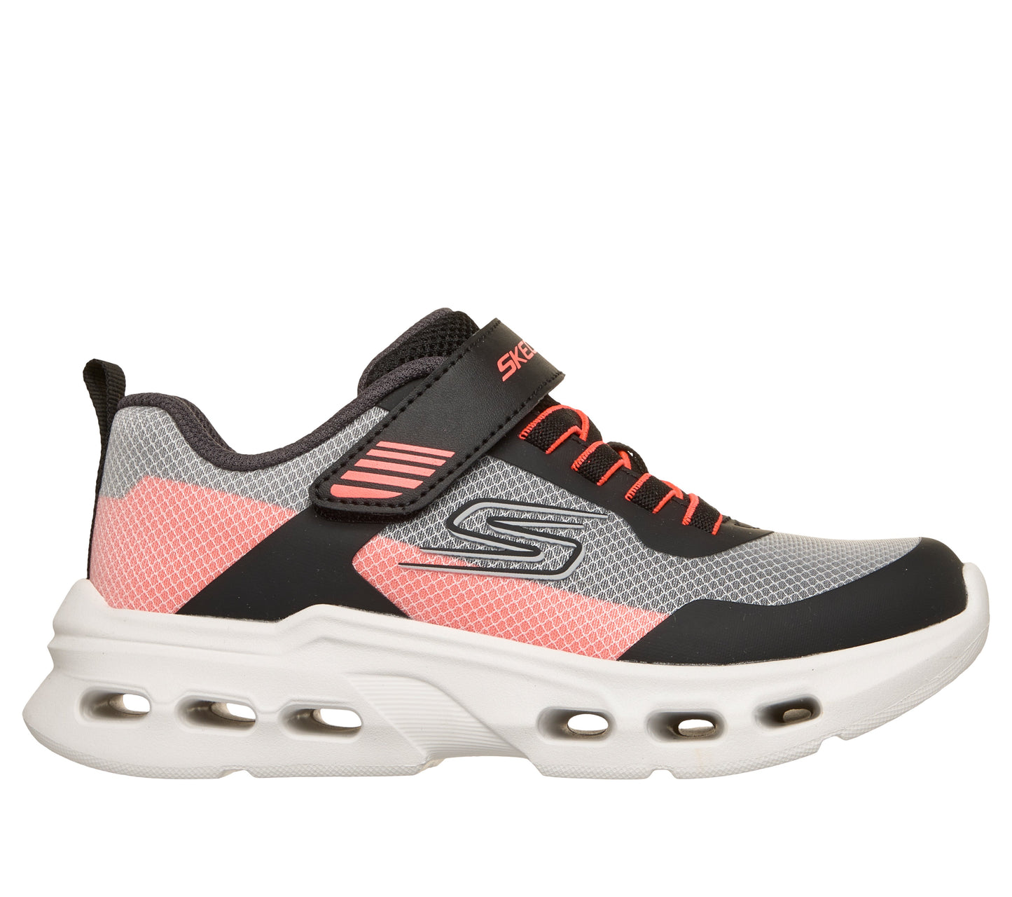 Skechers Glide Step Drift Zor trainer in black orange and silver with a Velcro strap and white sole. Right side view.