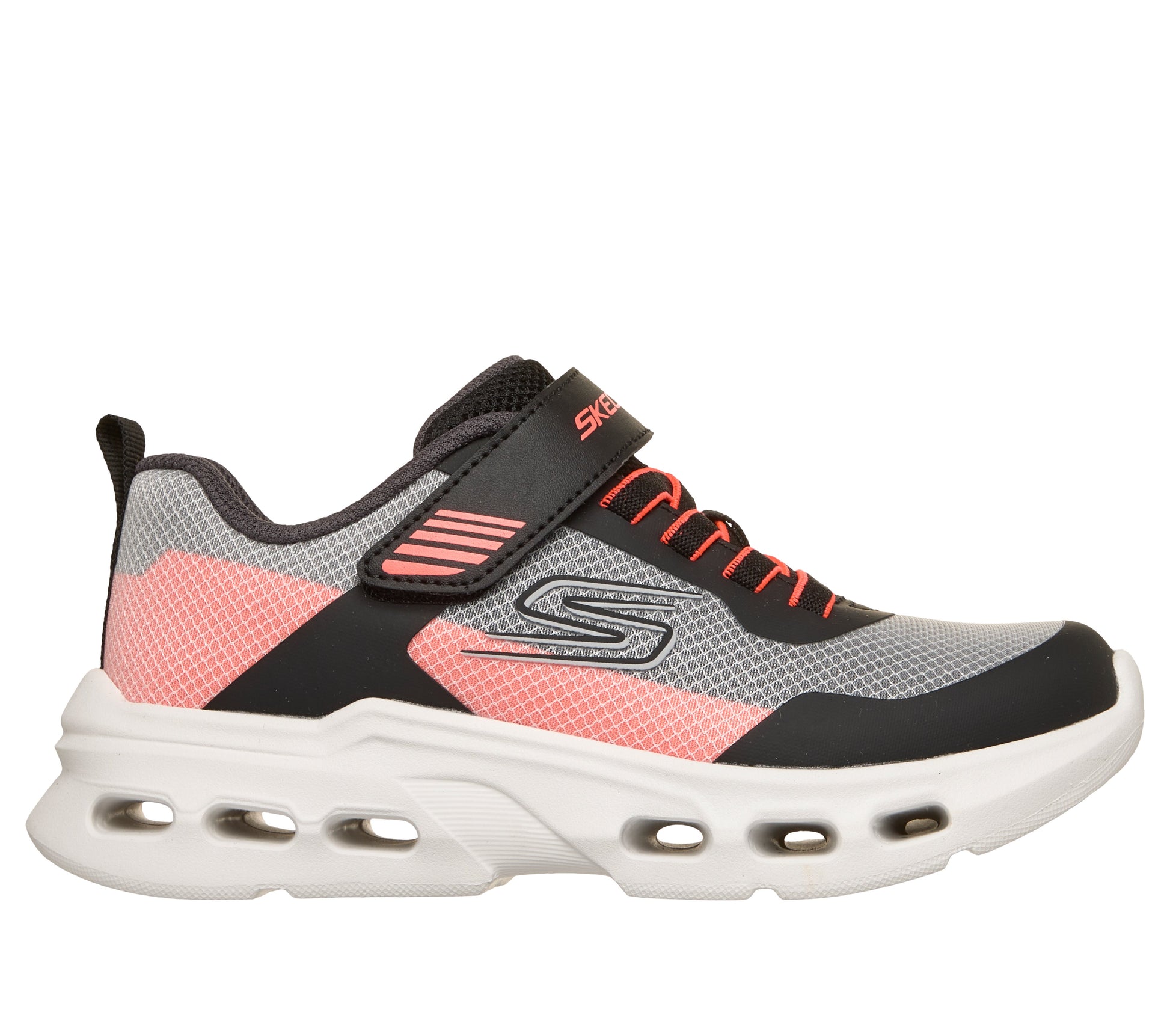 Skechers Glide Step Drift Zor trainer in black orange and silver with a Velcro strap and white sole. Right side view.