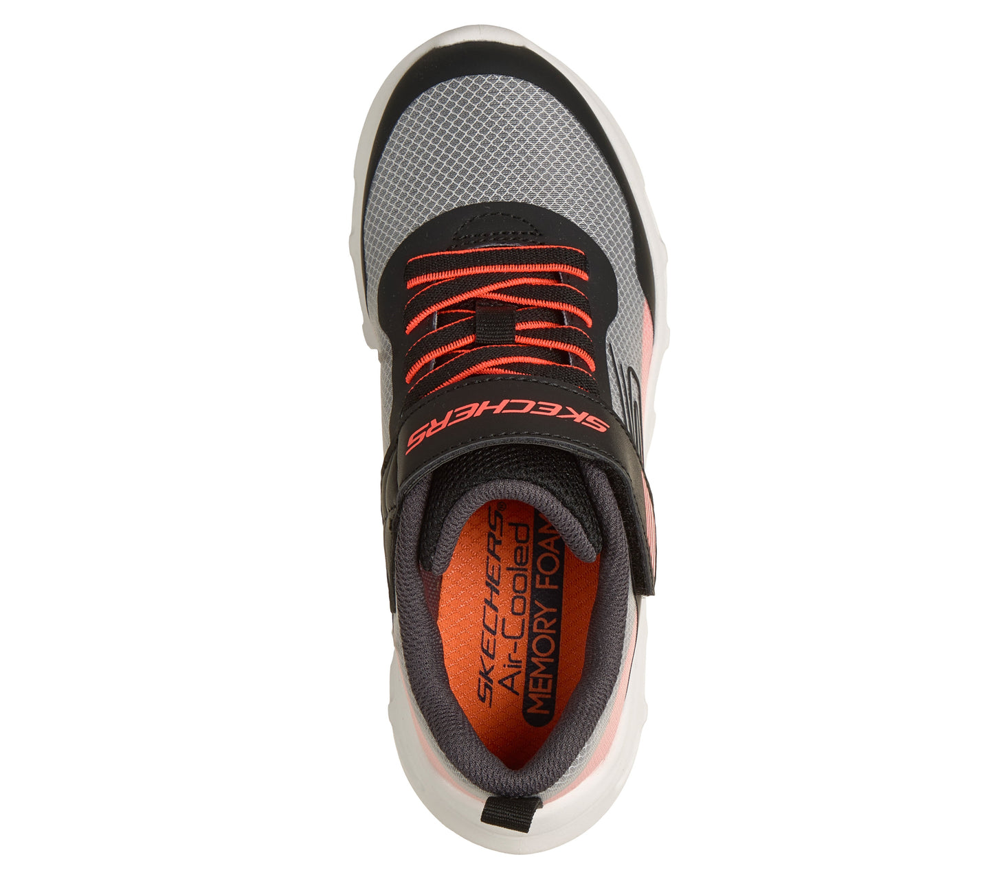 Skechers Glide Step Drift Zor trainer in black orange and silver with a Velcro strap and white sole. Top view. 